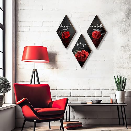 Miniatura 3 de 3 piezas de decoración de pared de baño con rosas rojas, decoración de flores rojas inspiradora de arte de pared de madera, decoración de pared de