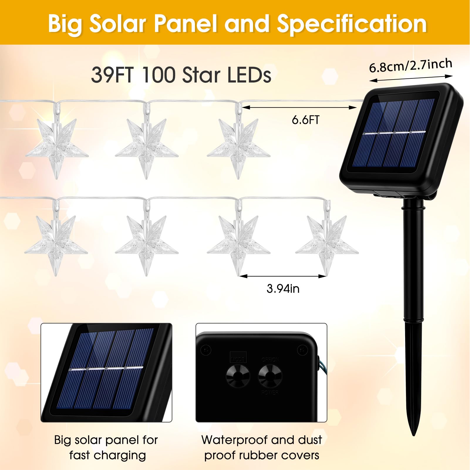 Guirlande lumineuse solaire en forme d'étoiles scintillantes pour extérieur 100 LED Blanc chaud | 8 modes de cour, jardin, terrasse, tente de camping, camping-car, cabane de jeu, décoration de cabane dans les arbres