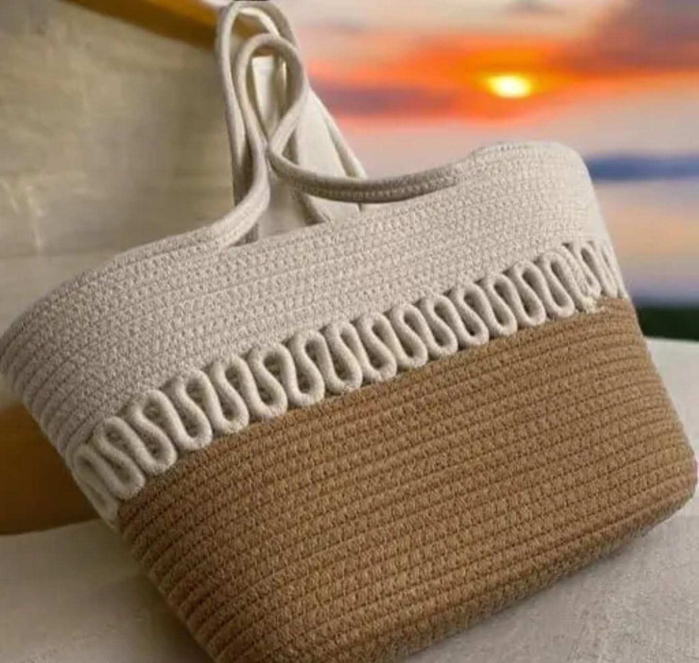 Bolsa de playa tejida de dos tonos, yute natural y algodón blanco, patrón decorativo