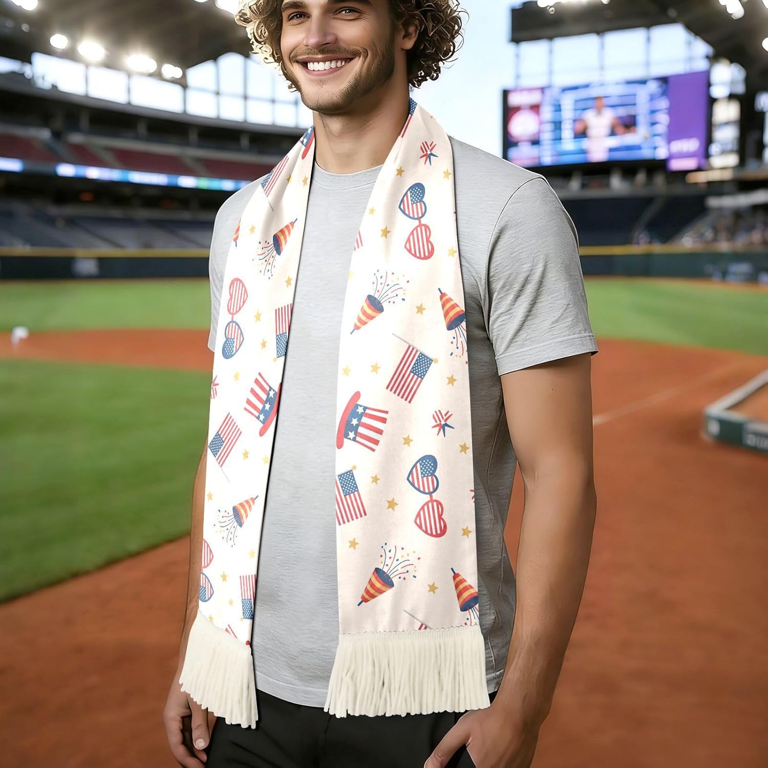 Flag Beige Soccer Fan Scarf 4th of July USA Sport Fan Scarf Football Scarves for Independence Day 250 Anniversary