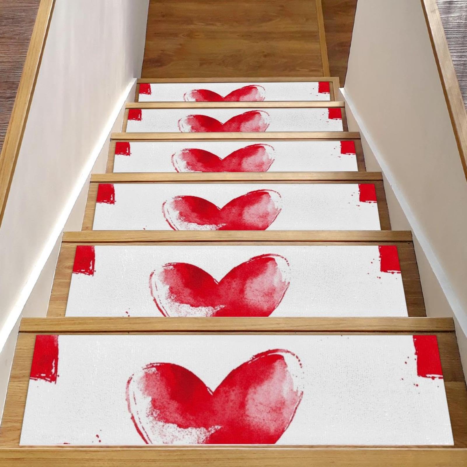 Tapis d'escalier antidérapant blanc et rouge avec adhésif pour marche en bois intérieur x15