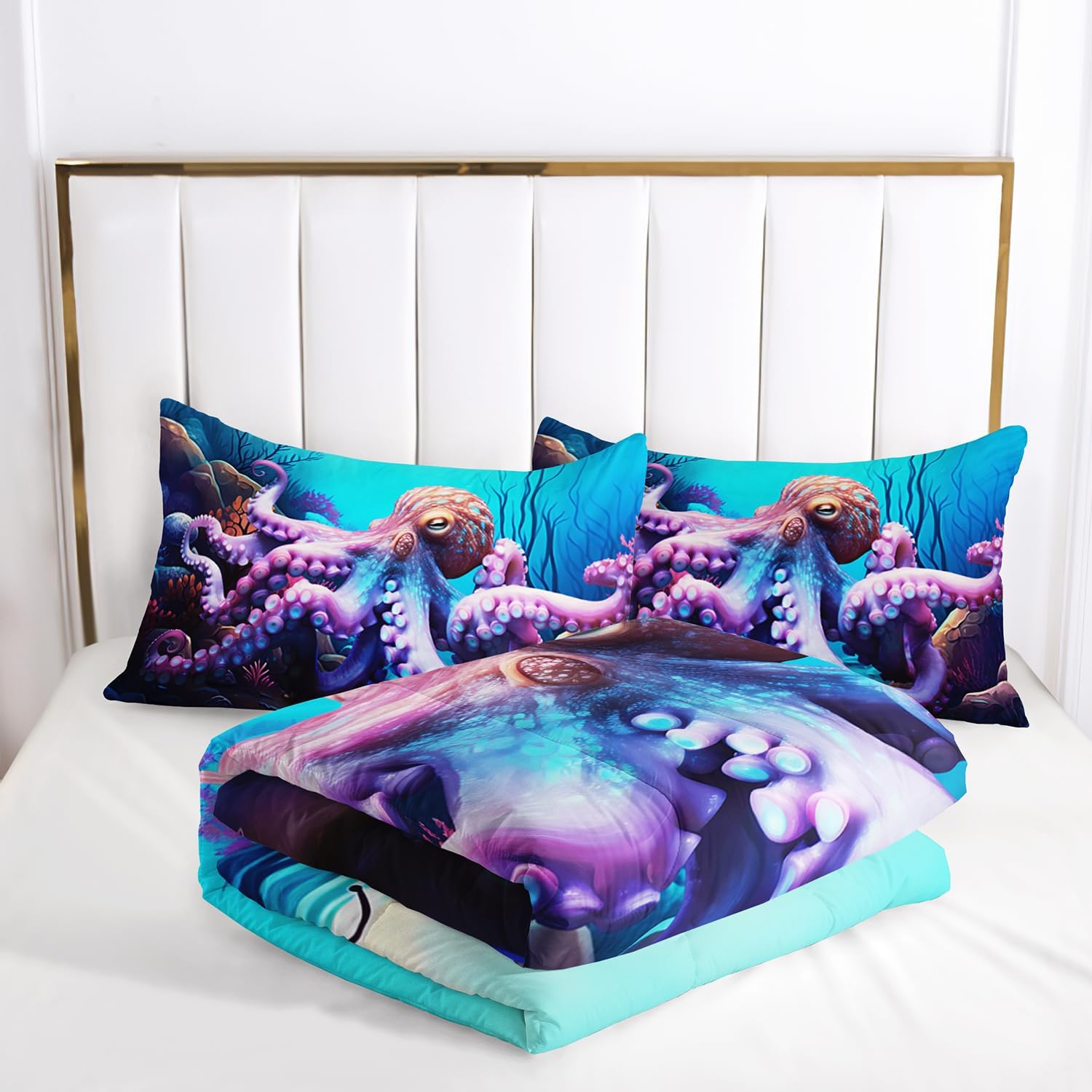 AILONEN Octopus Print Comforter Set Twin Size, Blue Ocean Theme Bedding Set for Boy Girls,3 Pieces Sea Animal Bed in a Bag,1 Quilt with 2 Pillowcases image 5