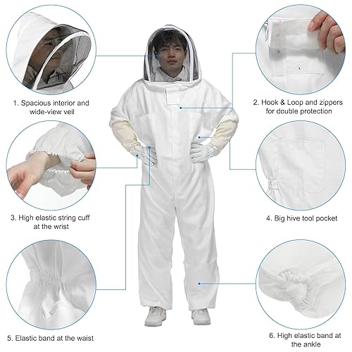 Miniatura 10 de HARFINGTON Traje de abeja para hombres y mujeres, talla XXL, traje de apicultura con guante, velo y capucha para apicultor