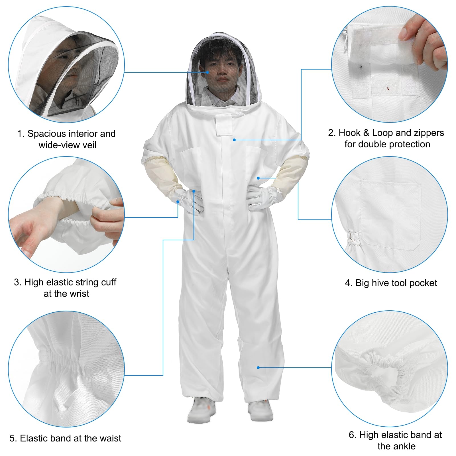 QUARKZMAN Tuta da Apicoltore per Uomo e Donna XL con Guanti e Velo (Giacca, Pantaloni, Guanti) Tute da Apicoltore per Adulti per Principianti e Professionisti dell'Apicoltura, Bianco