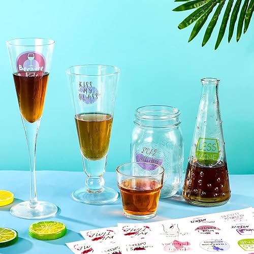 Miniatura 6 de Outus 120 marcadores de vidrio para bebidas, calcomanías divertidas para gafas, calcomanías para fiestas de amor, cata de amor, regalos y recuerdos,