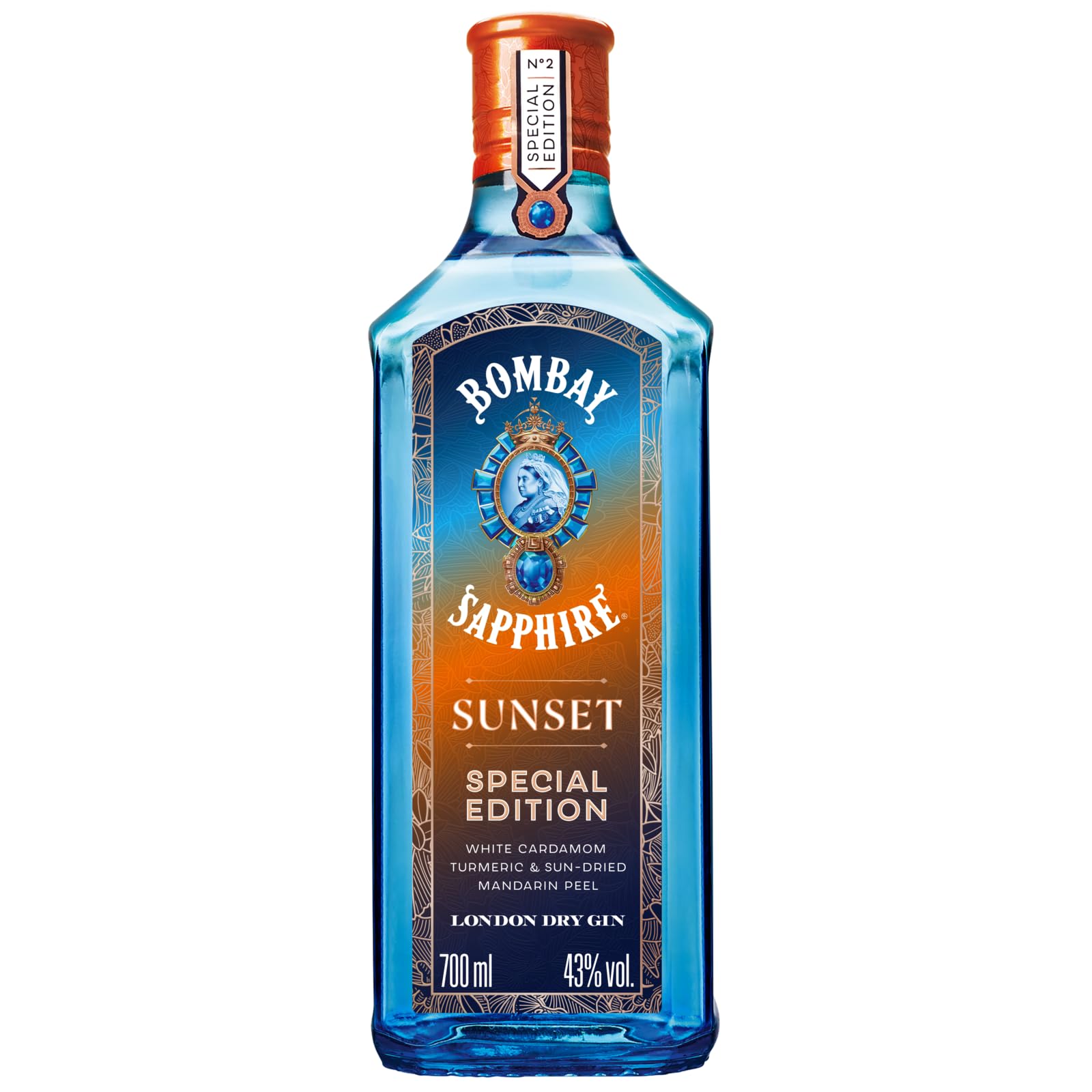 Bombay Sapphire Sunset Limited Edition Premium London Dry Gin, Vapour Infused With White Cardamon, Tumeric & Sun-Dried Mandarin, 43% ABV, 70cl / 700 ml