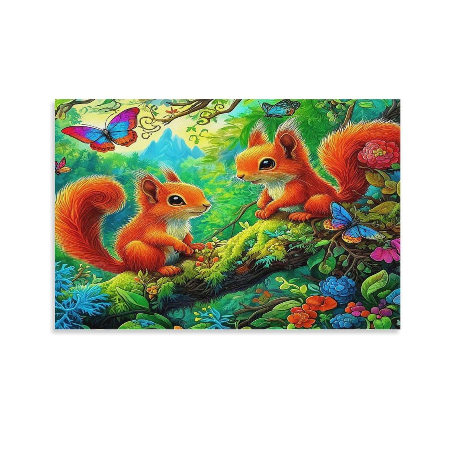 Squirrel And Skunk Sharing Pinecones in Forest Single Piece Two Red Squirrels on Lush Forest Branch Canvas Wall Decor - Office Canvas Print Fade Resistant Wall Focal Art Decor 24x36inch(60x90cm)