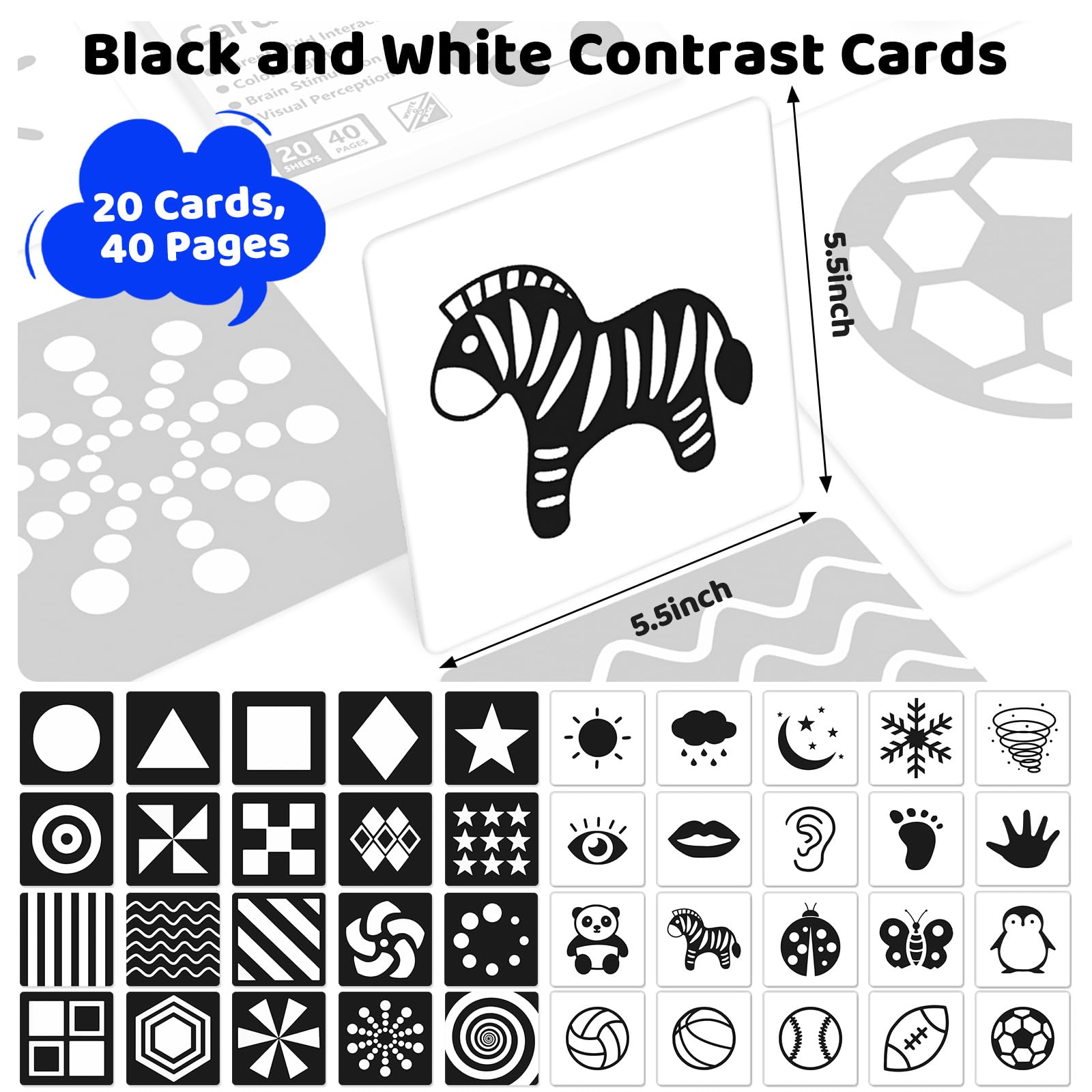 AKOFIC Tarjetas De Alto Contraste Para Bebés 0-3 Meses – 40 Flashcards En Blanco Y Negro, Estimulación Visual Y Sensorial, Tamaño 5.5 X 5.5 Pulgadas