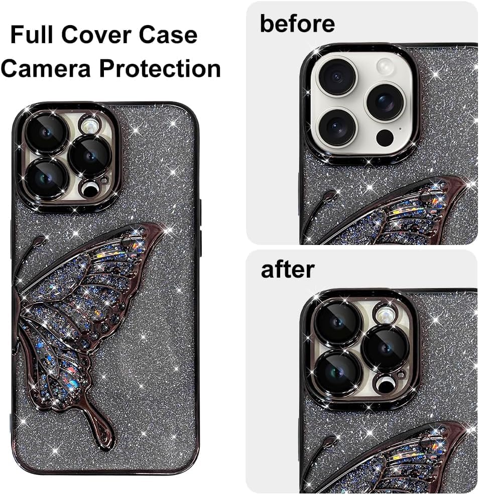 Image of SHINESTAR 3D Butterfly Case for iPhone 14 Pro Max Cover, Cute Girly Glitter Bling Luxury Back Cover for Women Girls Protective Shockproof Slim Camera Protection for iPhone 14 Pro Max - Black