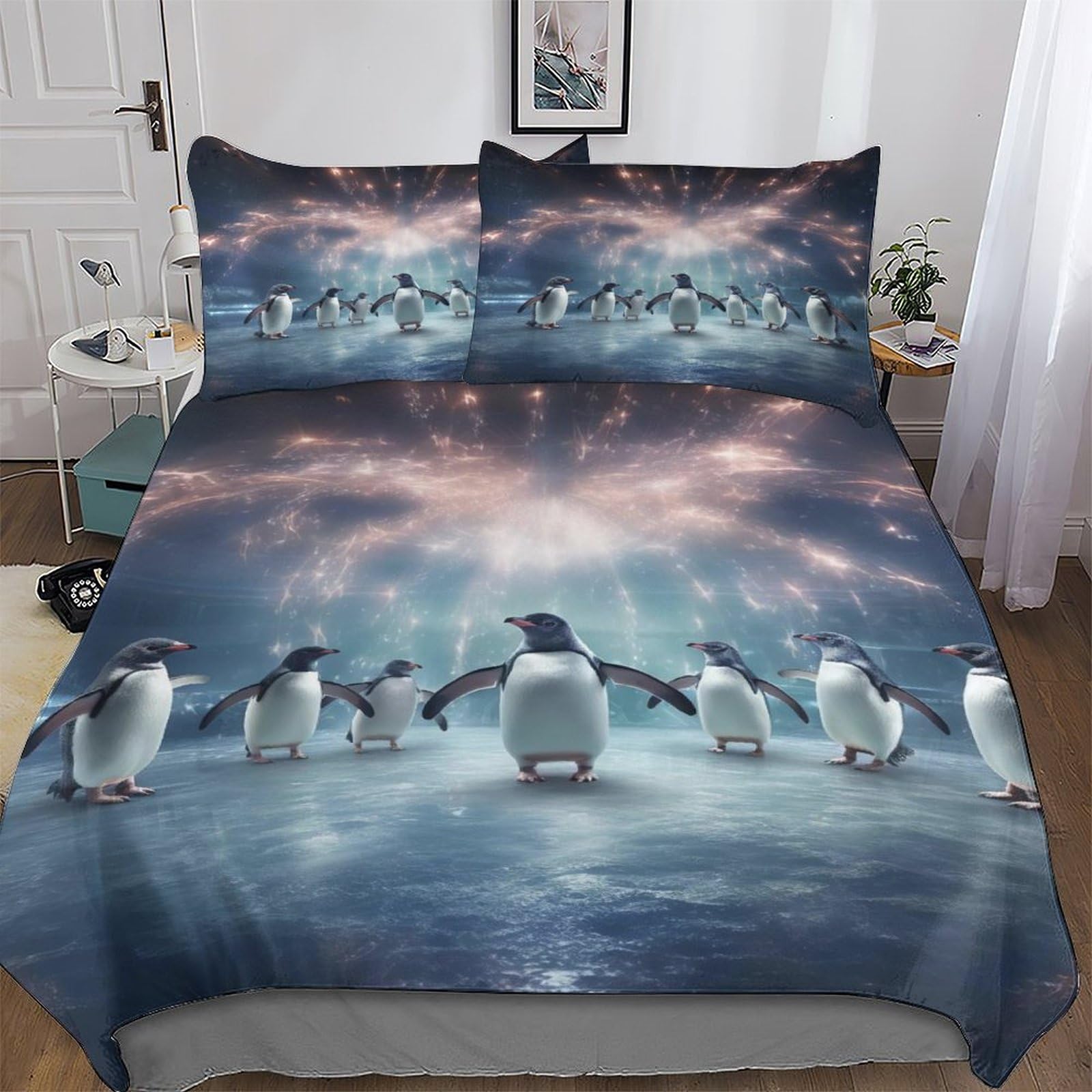 Funda de edredón con estampado 3D de pingüinos suave textil de cama juvenil con cremallera