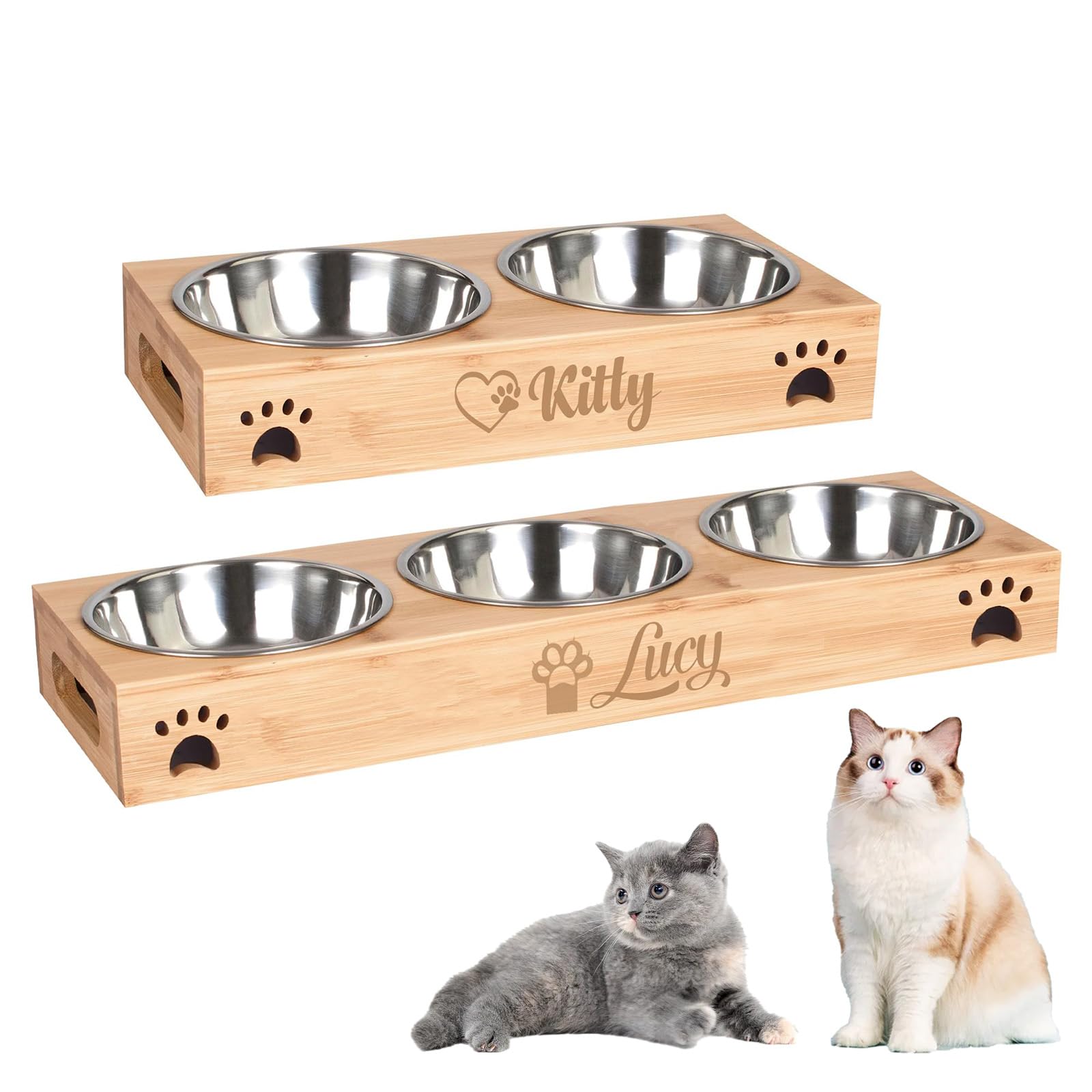 Engraved Personalized Cat Bowls with Name, BUGMKCS Customized Pet Food Bowls Sets for Both Cat & Dog, Anti Slip Raised Steel Stanless Water Fountain, Durable Dog Feeding Station for Pet's Gifts