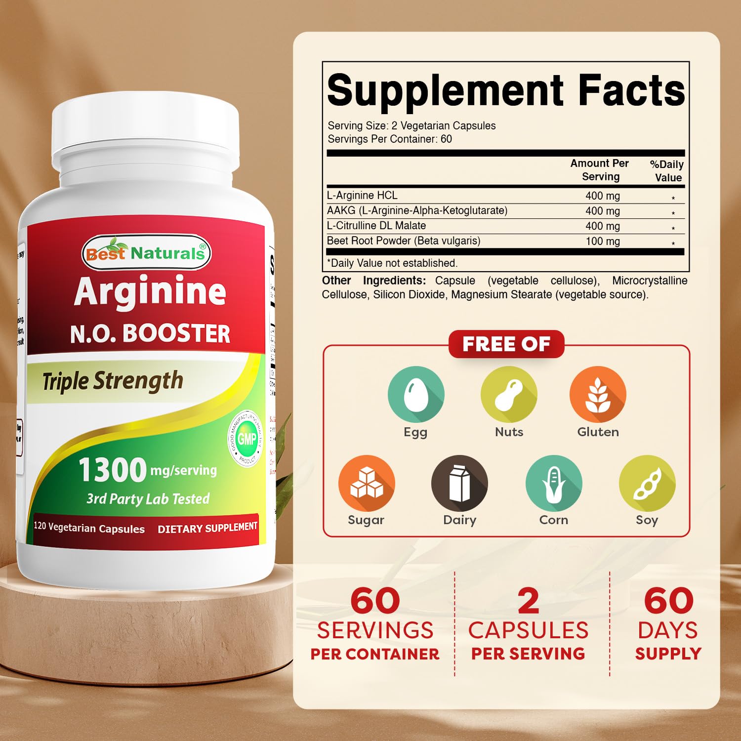 Best Naturals L-Arginine NO Booster Triple Strength 1300 mg Serving 120 Veg Capsules - Made with L-Arginine, AAKG, L-Citrulline, Beet Powder — Amazon image 2