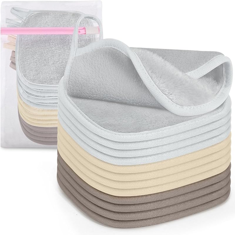 KPX Panos reutilizáveis para remoção de maquiagem 15,24 cm x 15,24 cm, pacote com 12 e bolsa de armazenamento, Khaki-Brown-Grey
