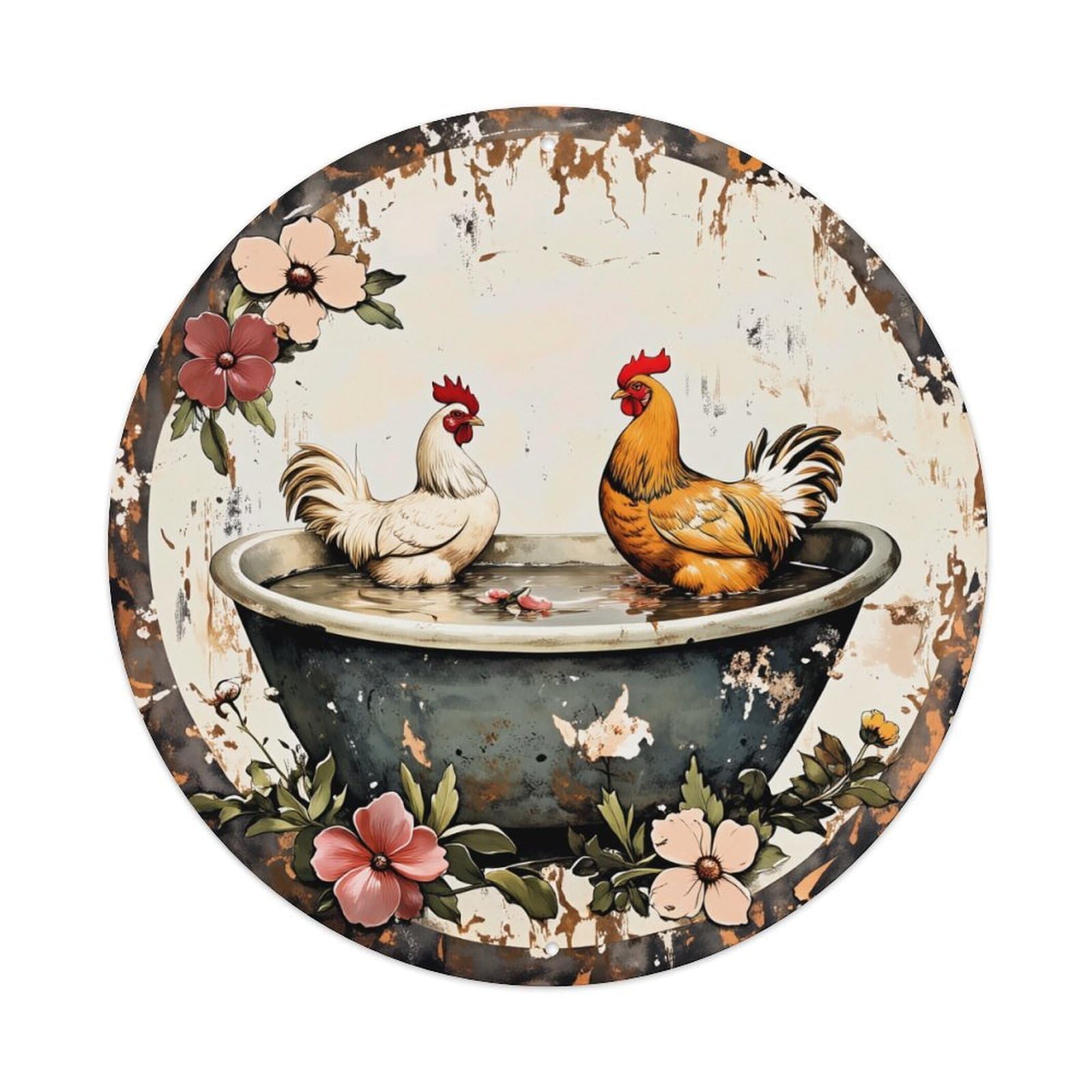 Chickens In Basin With Flowers Round Tin Sign Vintage Metal Poster, Home Bar Garage Man Cave Cafe Indoor & Outdoor Wall Decoration 8x8Inches