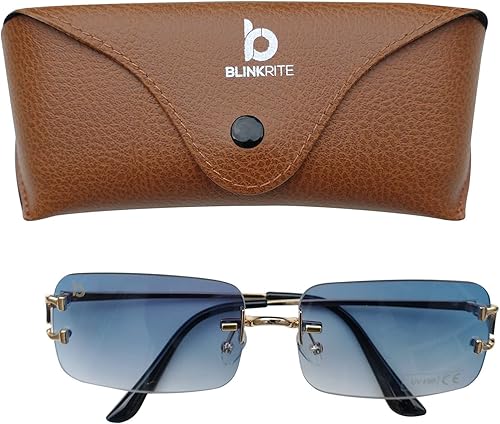 Vista 2 de Lentes de sol de diseño sin montura para hombres y mujeres, lentes de sol rectangulares retro con funda de cuero de primera calidad