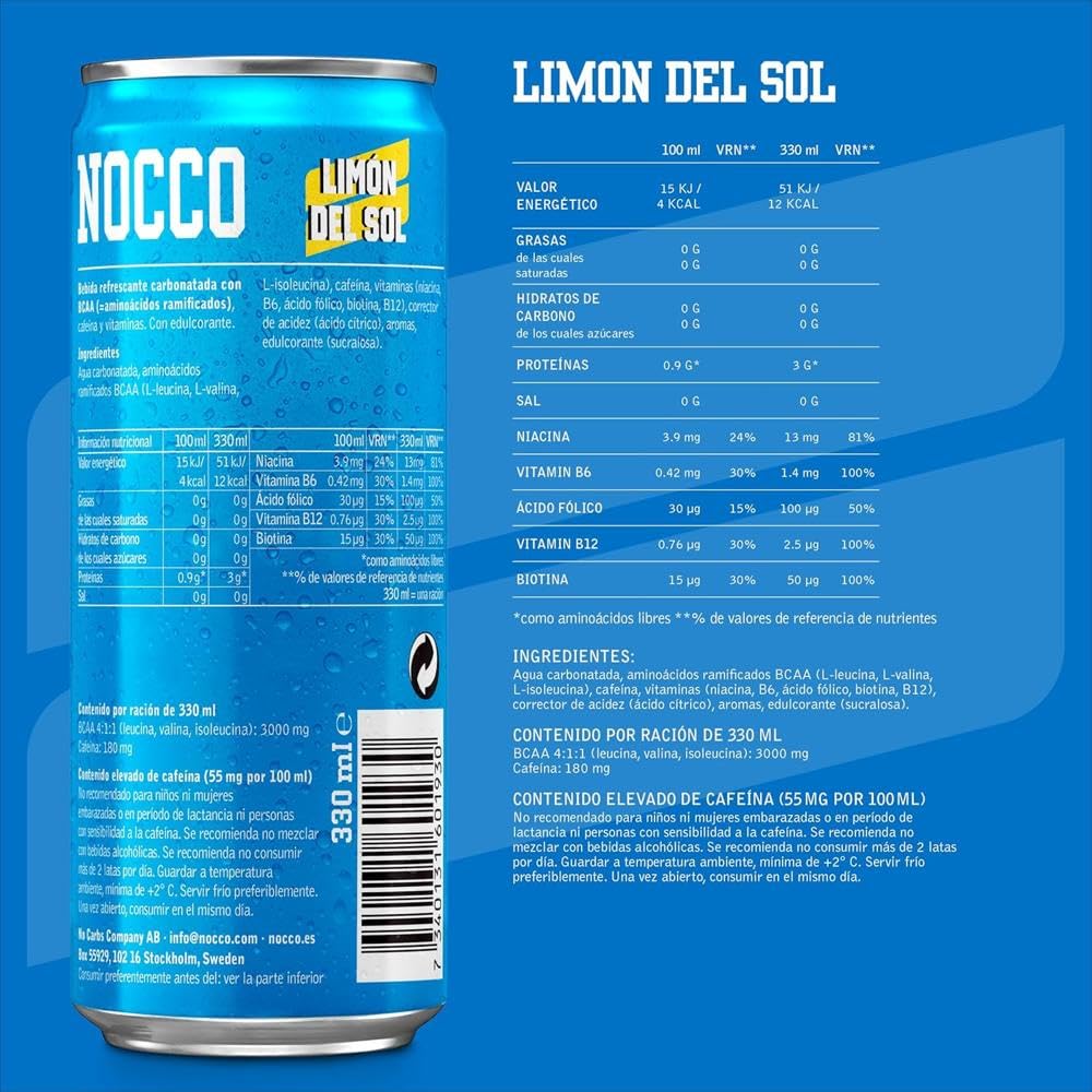 NOCCO BCAA - Bebida Energética con 180mg Cafeína, 3000 mg BCAA, Sin Azúcar, Sin Carbohidratos, Enriquecida con Vitaminas - 24 x 330ml inkl. Pfand (Mix Sabores)