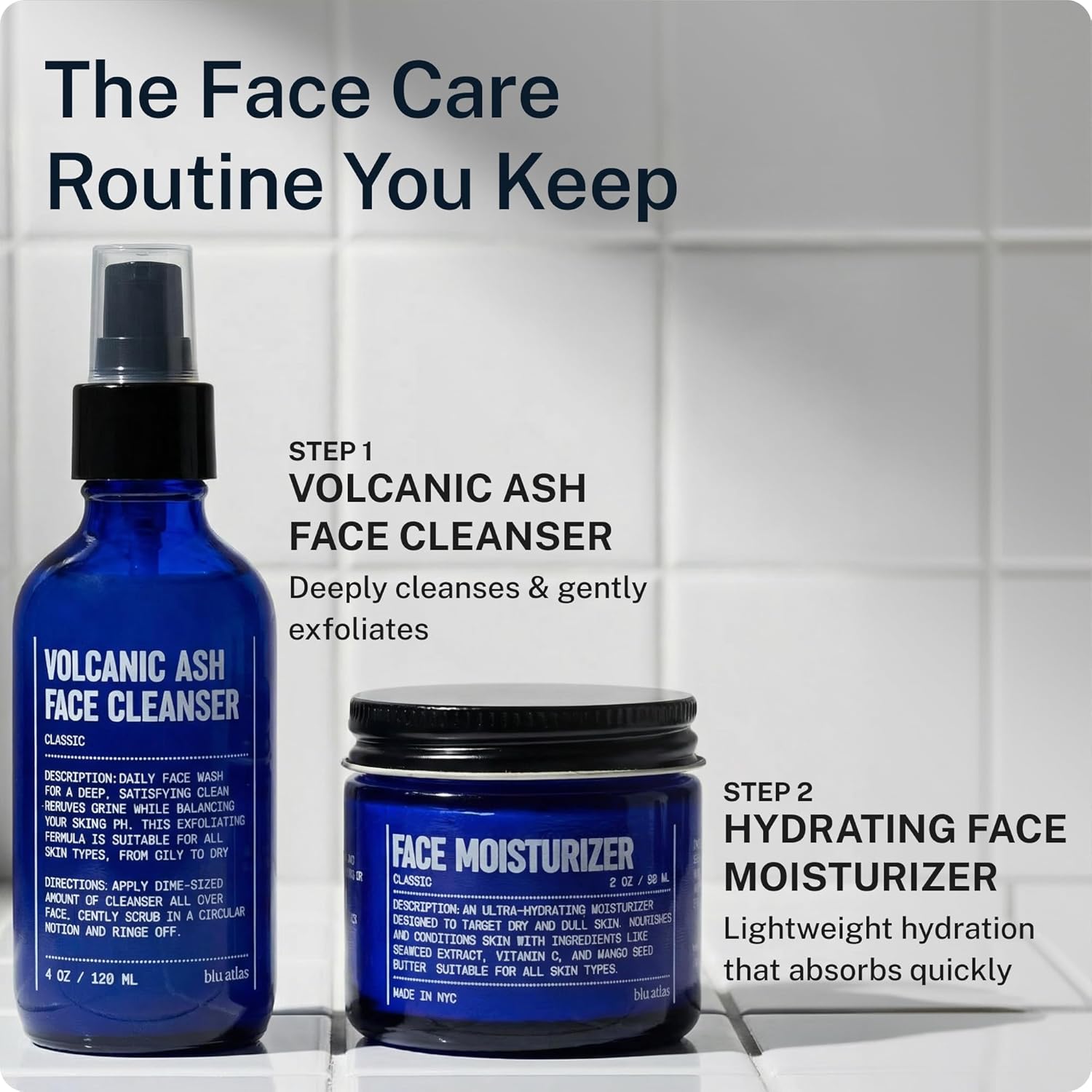 Blu Atlas Volcanic Ash Face Cleanser for Men with Vitamin C, Gentle Daily Exfoliating Facial Cleanser for Dry, Normal & Sensitive Skin – Classic Scent, 4 oz