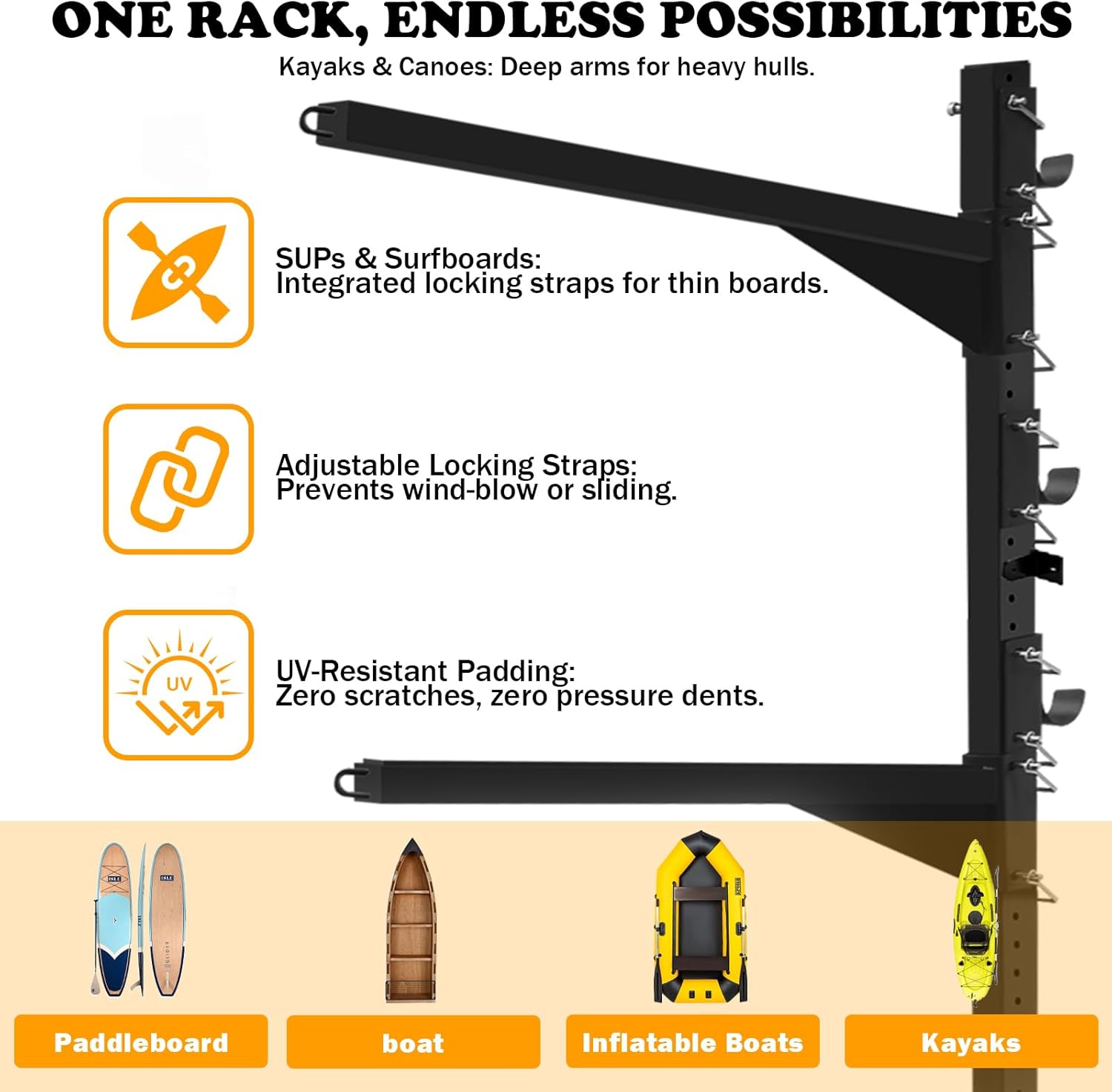 Heavy Duty Kayak Storage Rack for Dock/Garage, Adjustable Freestanding Kayak Stand or Wall Mount Kayak Rack, 3-Tier Indoor Outdoor Canoe Storage Rack for 3-4 Kayaks, SUP & Paddleboard