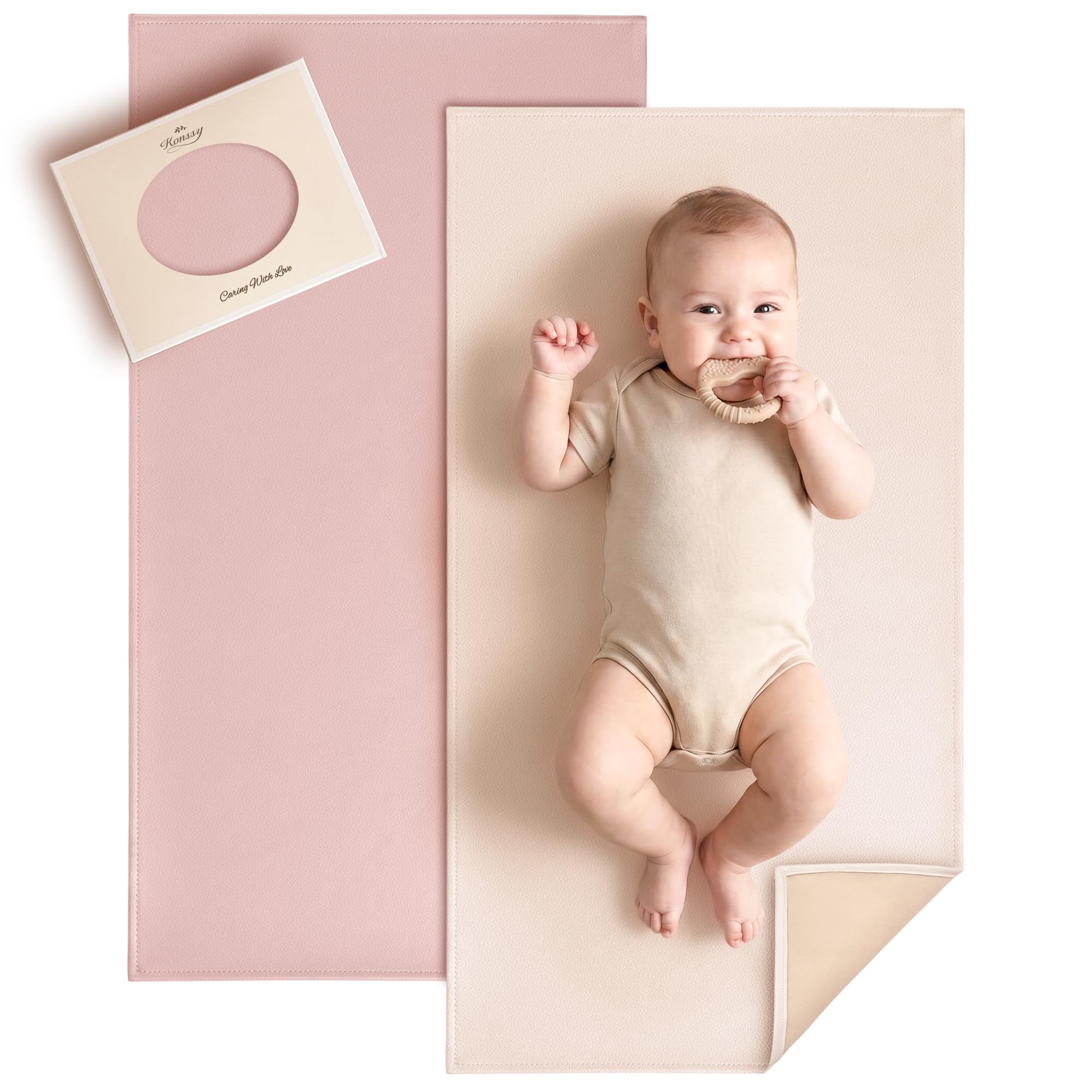 Konssy Matelas à langer en cuir synthétique, imperméable, facile à nettoyer et portable pour voyage ou maison, tient parfaitement dans un sac à langer, 81,3 x 50,8 cm (rose poudré, beige)
