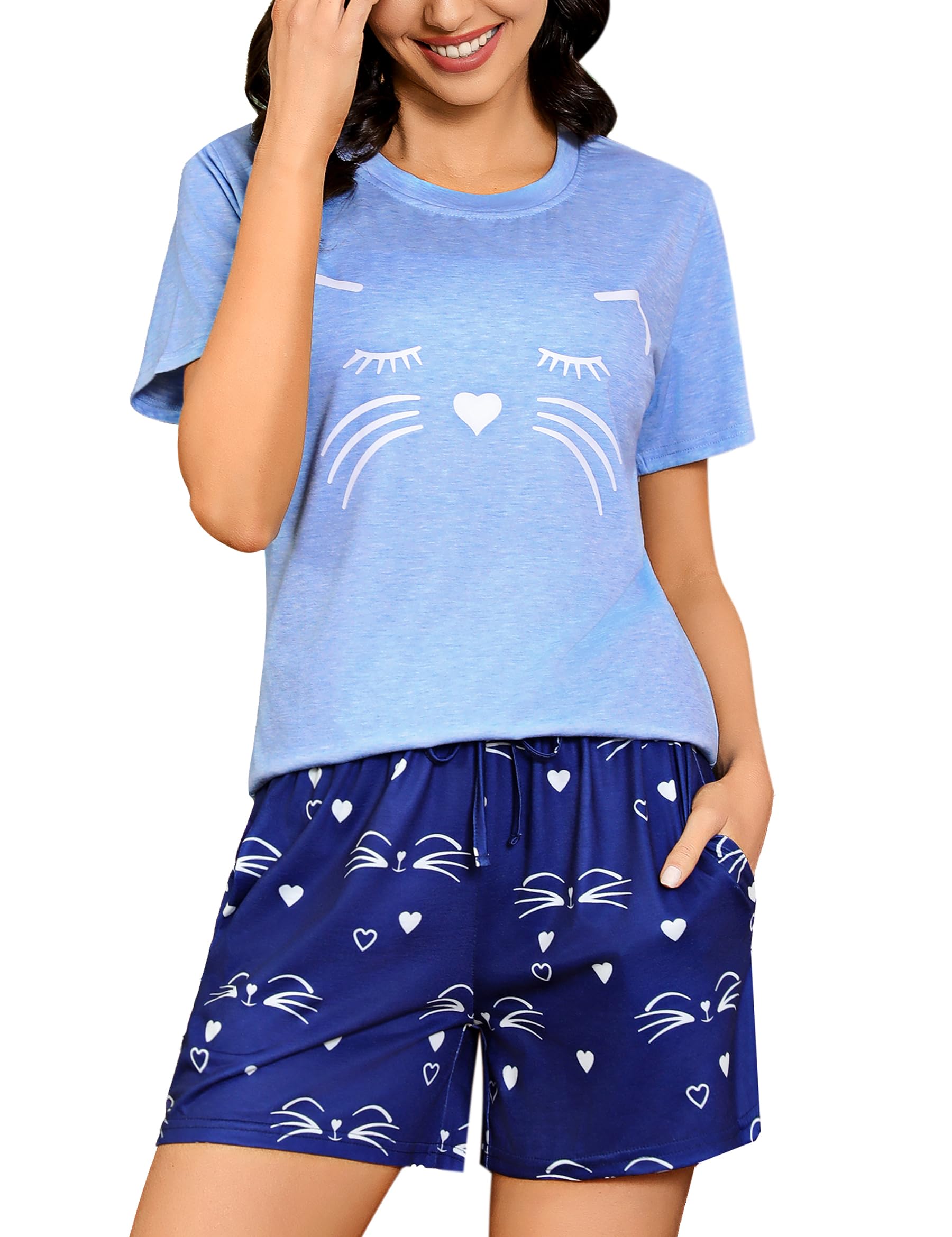Sykooria Verano Manga Corta Pijama Mujer 2 Piezas Algodón Conjunto de Pijama Ropa para Dormir con Top y Pantalon