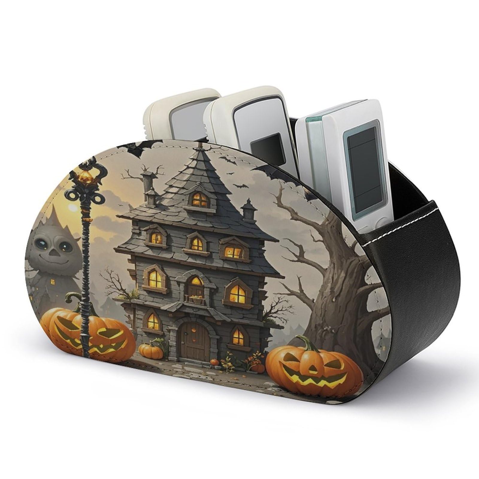 LZQPOEAS Pumpkin Haunted House Remote Control Holder with 5 Compartments PU Leather Remote Organizer Box Caddy for Table Nightstand Remote Caddy Desktop Organizer Fits Media Controllers