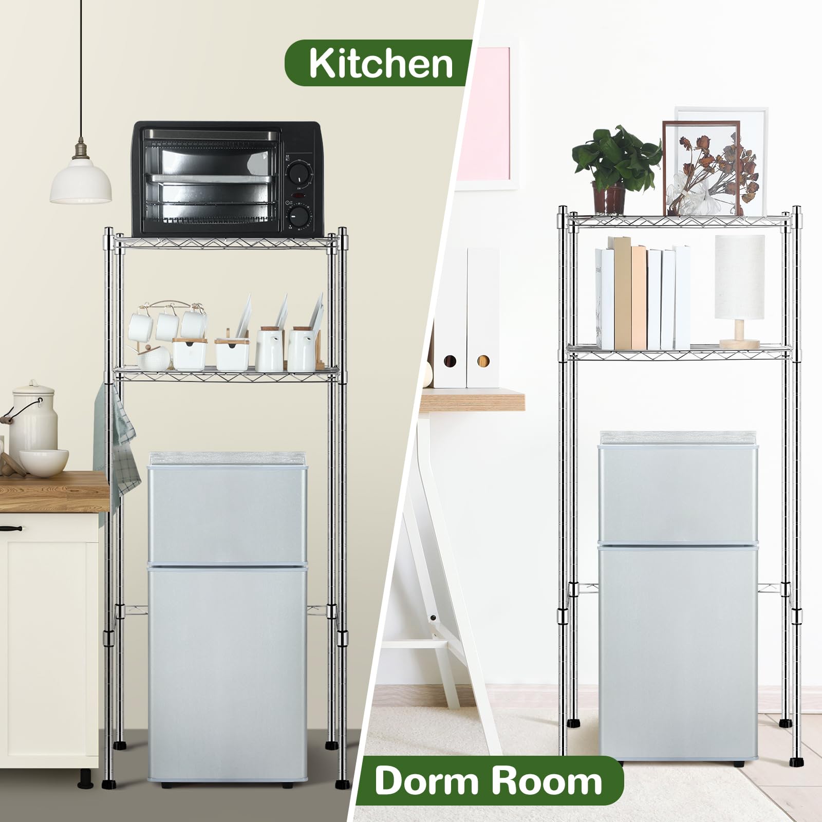 Threehoney Mini estante para nevera de 2 niveles sobre nevera, soporte para microondas y nevera para el colegio, la oficina, el espacio del dormitorio, el ahorro de habitación, 18 pulgadas de