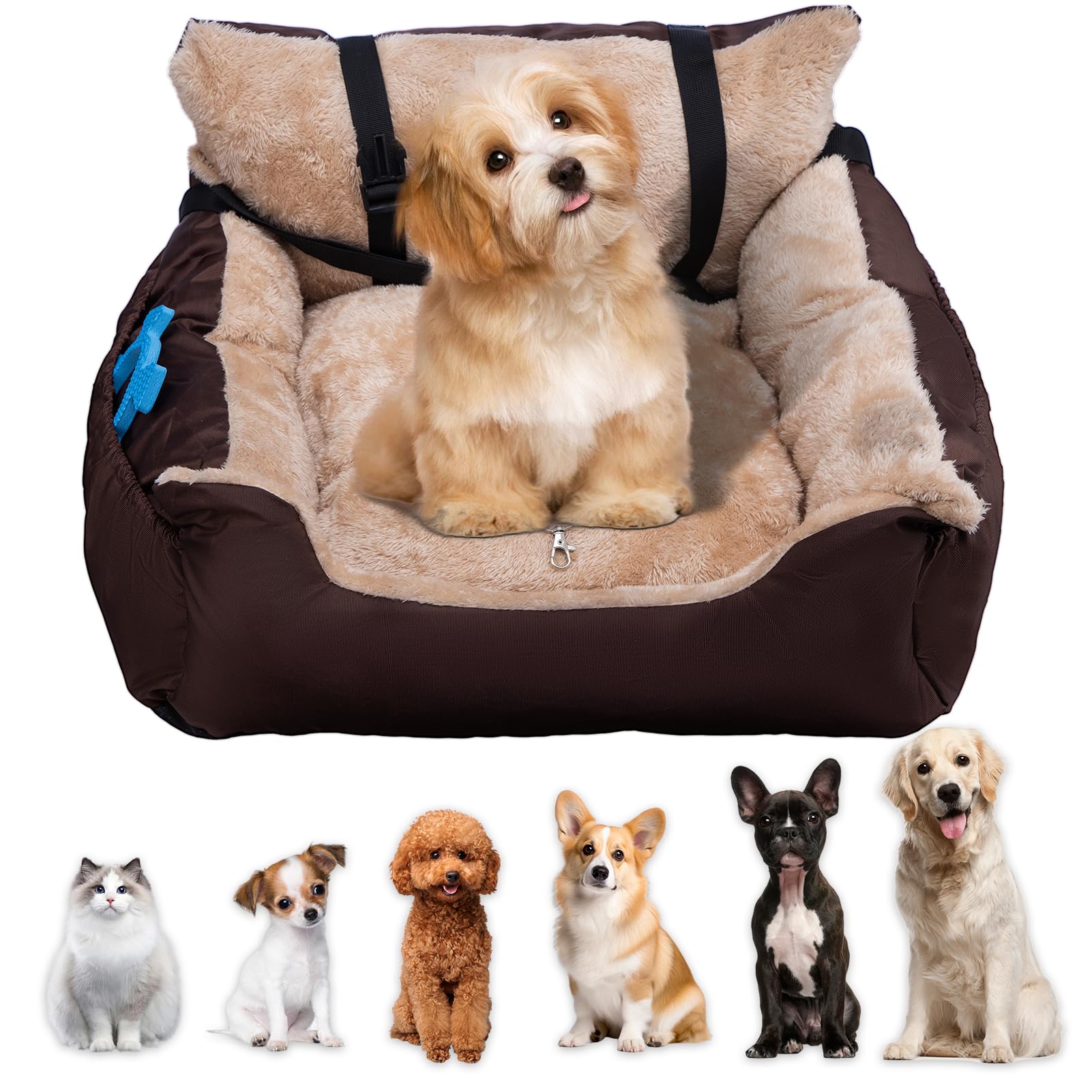 Supernic Dog Car Seat for Small Dogs & Cats, Cosy Pet Travel Bed with Safety Leash, Storage Pocket & Non-Slip Base, Ideal Car Dog Seat for Secure Travel (Brown, 50x50x20cm)