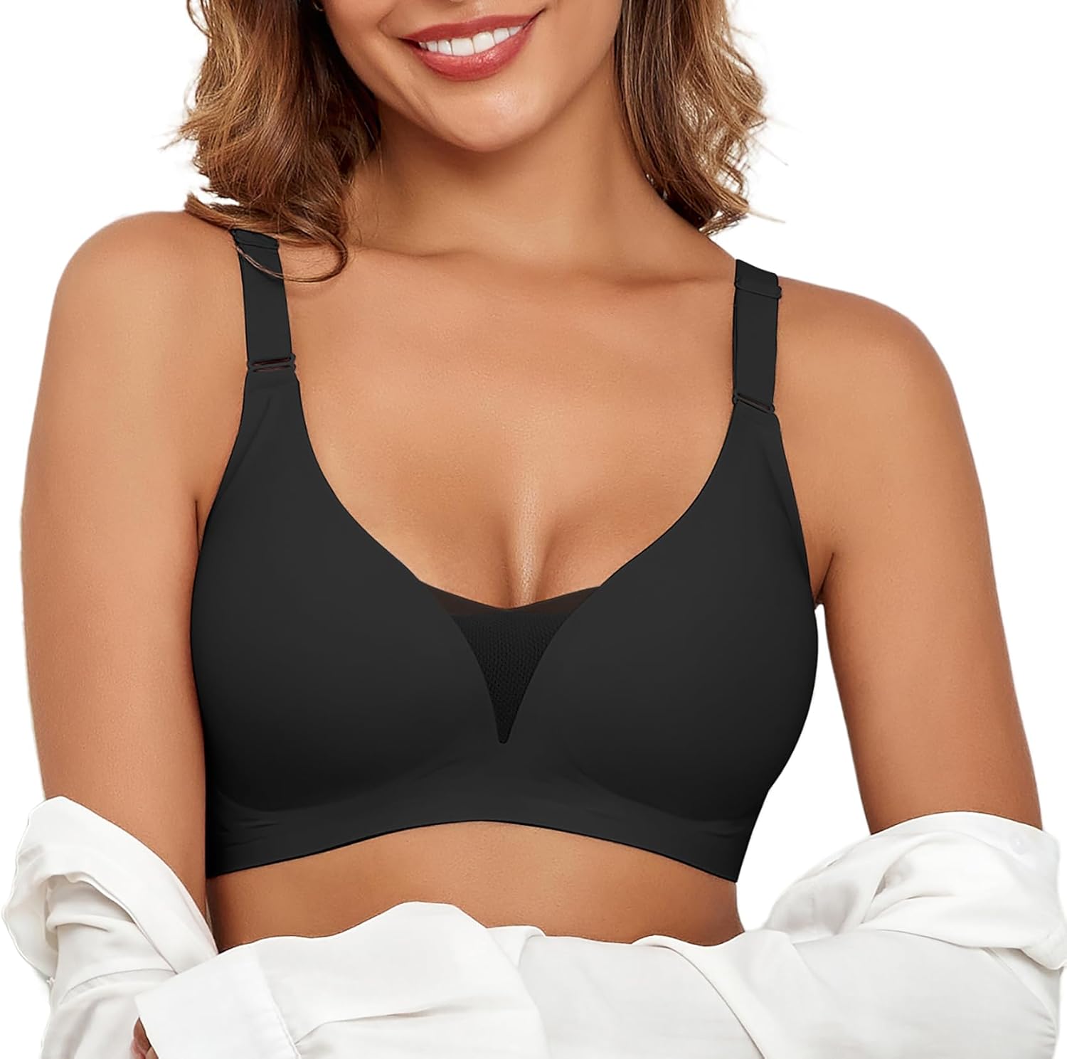 Lace V Mesh Wireless Bras Push Up Bralette Seamless Plunge Bra Everyday Bras for Women No Underwire with Extender - Image 6