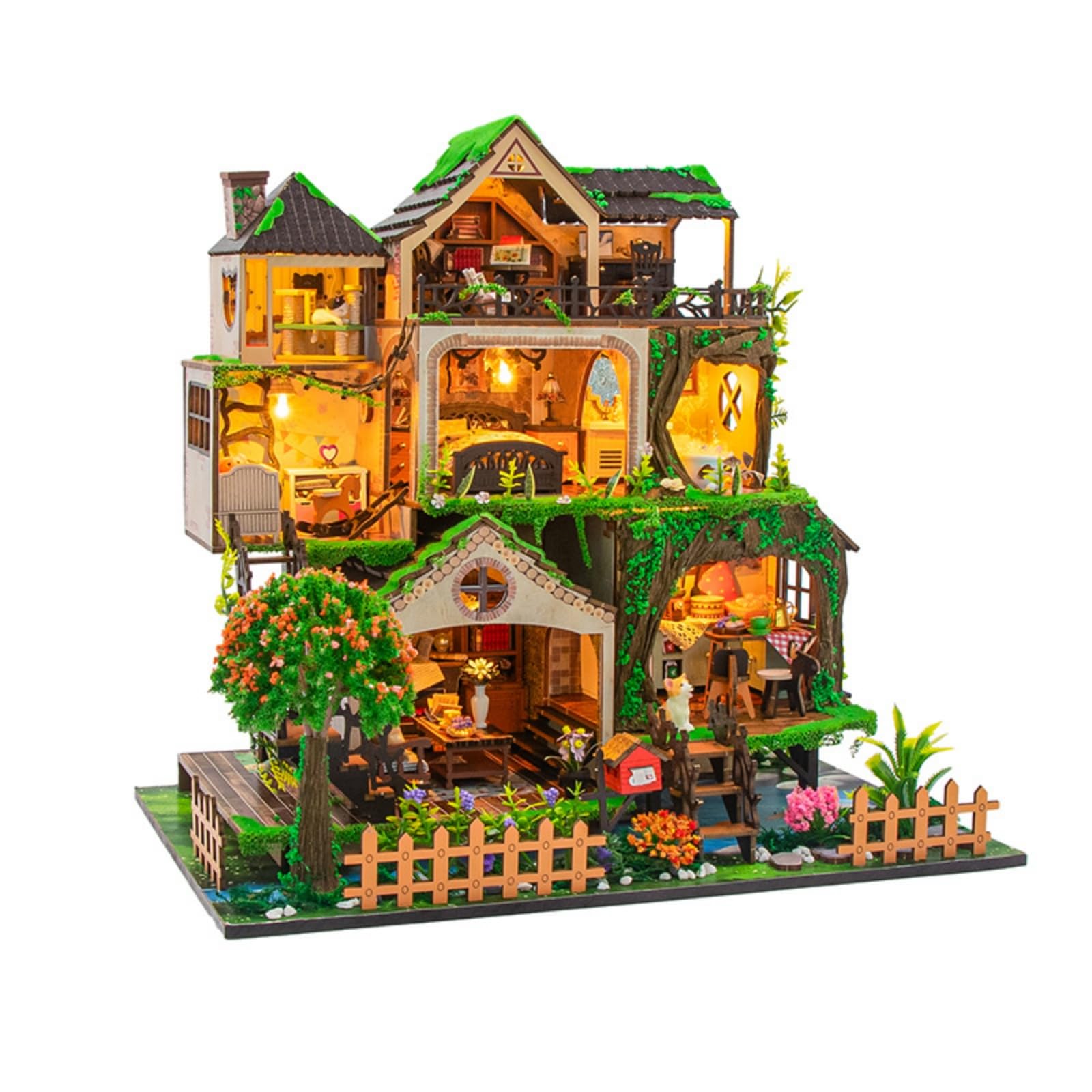 Gralara Casa in Miniatura Fai da Te Luminoso Casa in Miniatura Decorativo Miniature Angolo Libreria con Luci per Collezionisti, Libreria, Scrivania, Soggiorno, L2501童话森林-中文包装