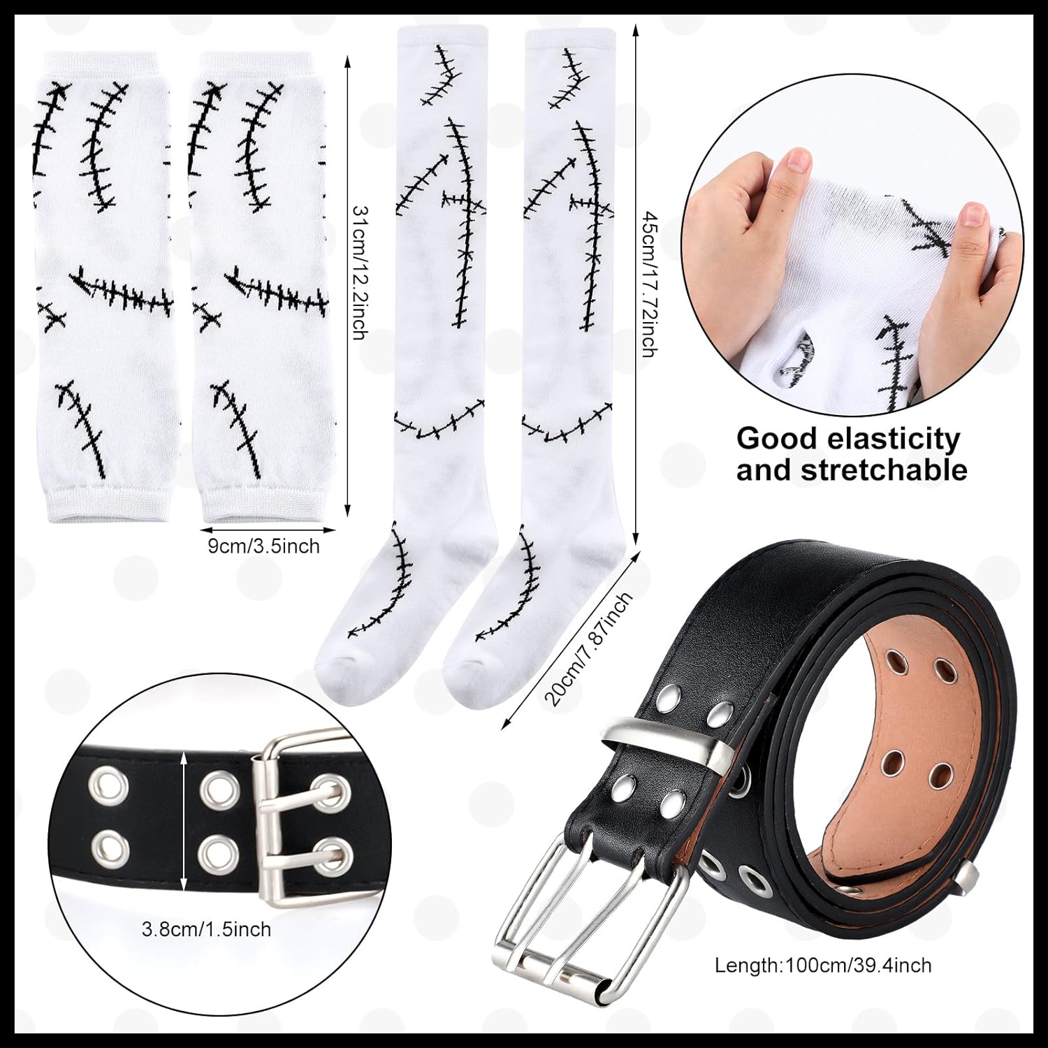 Newcotte 5 Pcs Halloween Girl Costume Set for Women Include Black and White Wig, Adjustable Necktie, Belt, High Knee High Socks, Fingerless Gloves for Adult Halloween Cosplay Party
