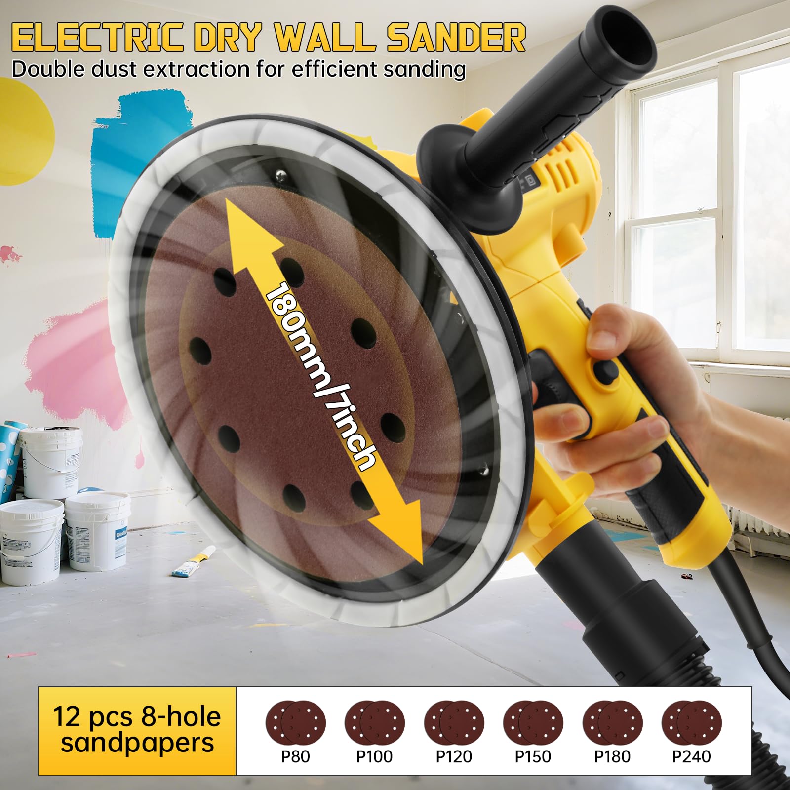 800W Electric Drywall Sander, Variable Speed1200-2300RPM Wall Sander with Vacuum, LED Lights, Dust Bag and Hose,12 Pcs Sanding Discs - Image 6