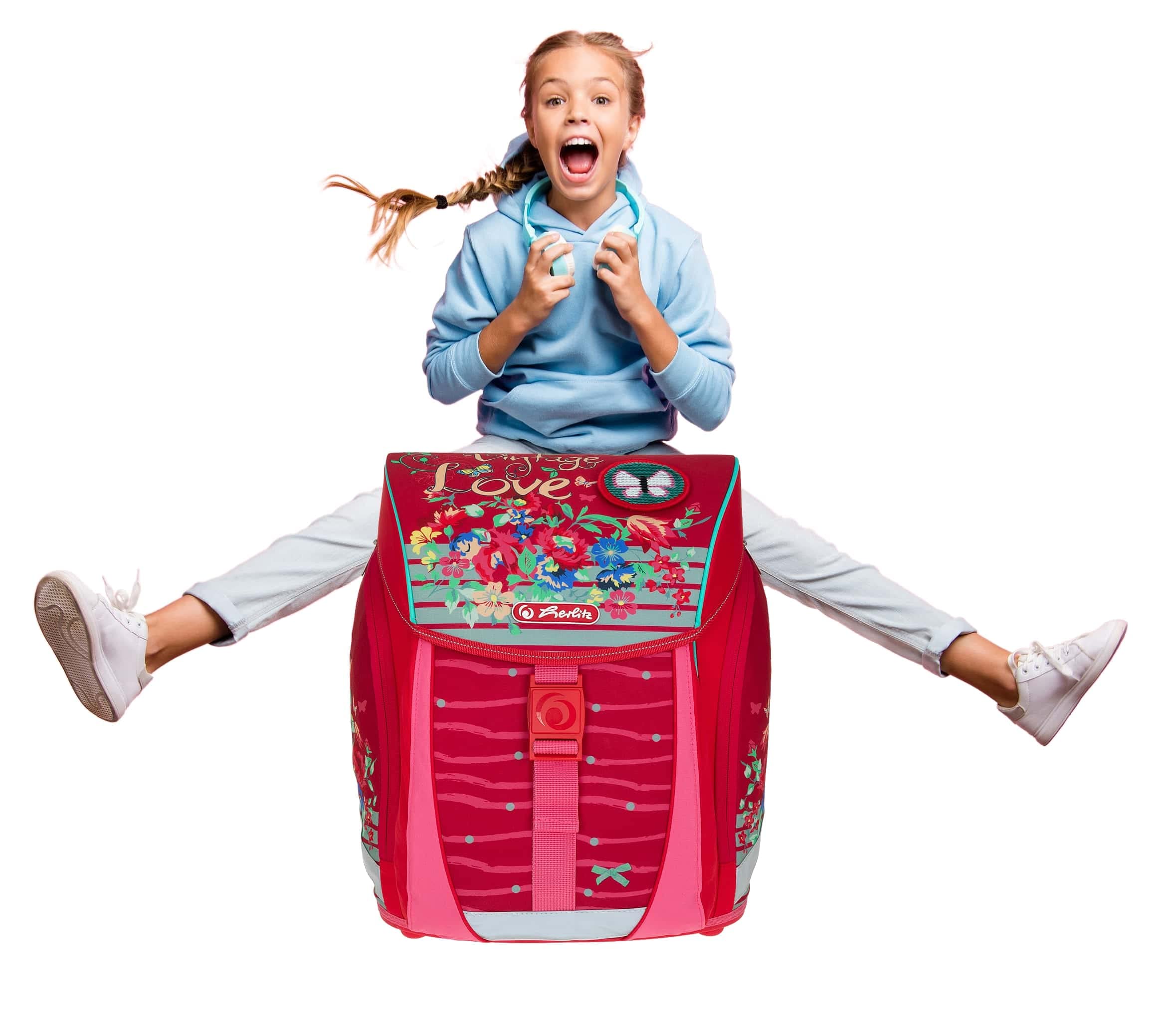 Herlitz Ranzen Schultasche für Jungen Mädchen FiloLigh Plus 8 Teile Set Grundschule Schulranzen Tornister leicht Bauchgurt Brustgurt Regenhülle Wahl +rf (Vintage Love 865)