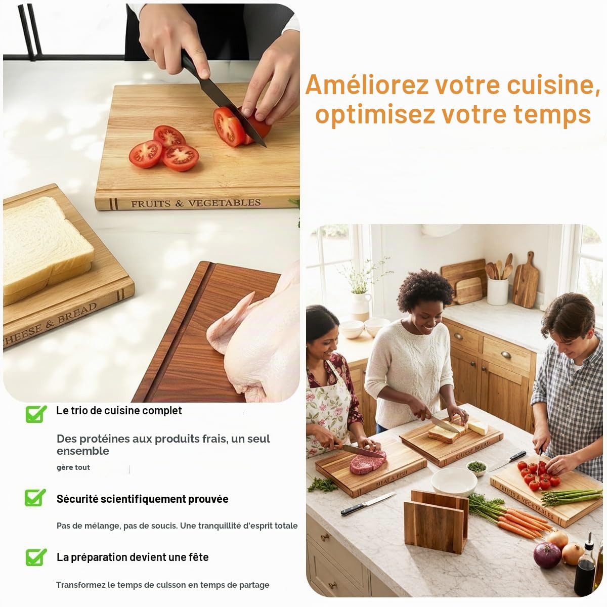 Set de 3 Planches à Découper en Forme de Livre pour Cuisine, 33×25,5×2 cm Planches à Découper en Bois Pratiques en Forme de Livre, Planches à Découper en Acacia avec Support, Cadeau de Crémaillère