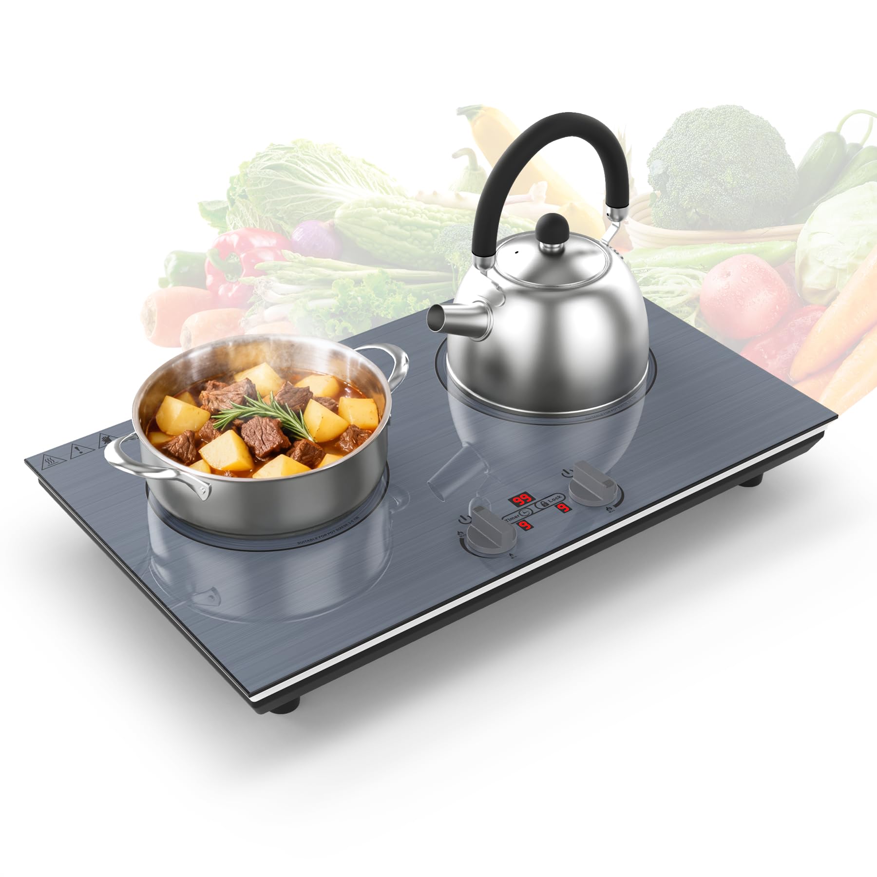 GIHETKUT 2 burner Induction cooktop,110V 4000W induction hot plate with Brushed Panel,Knob Control,9 Power Levels, Kids Lock &amp; Timer,LED touch control 2 burner induction cooker