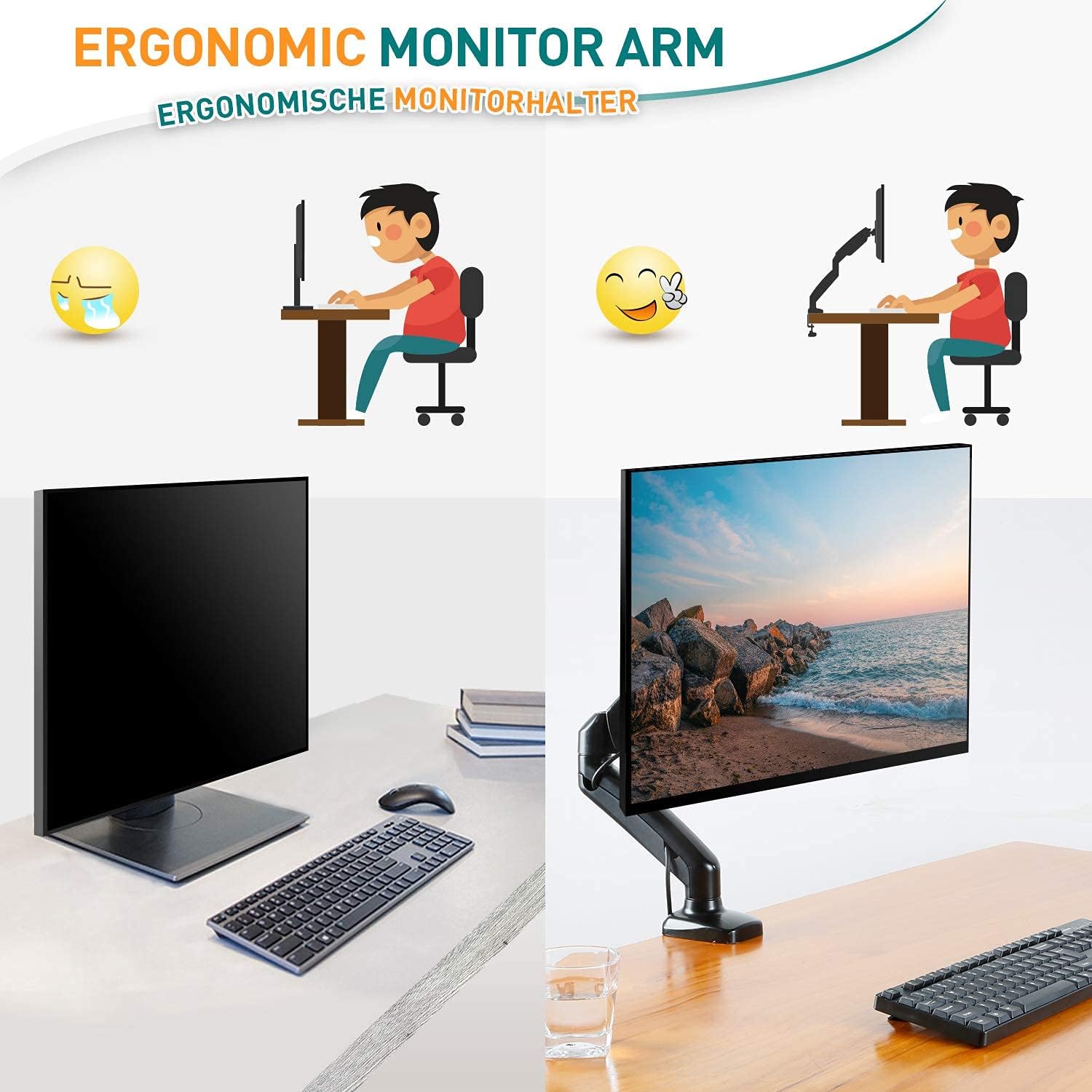Table showing recommended gas spring tension turns based on monitor weight in kilograms.