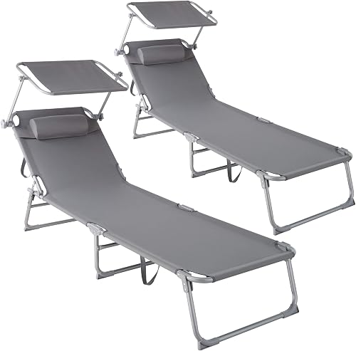 tectake® Set of 2 Folding Sun Loungers, 190 x 68 x 111 cm, Sunshade & 4-Position Backrest, Weather-Resistant & Breathable, Incl. Head Cushion & Carry Handle, Beach Chair for Garden, Camping - Grey - 1
