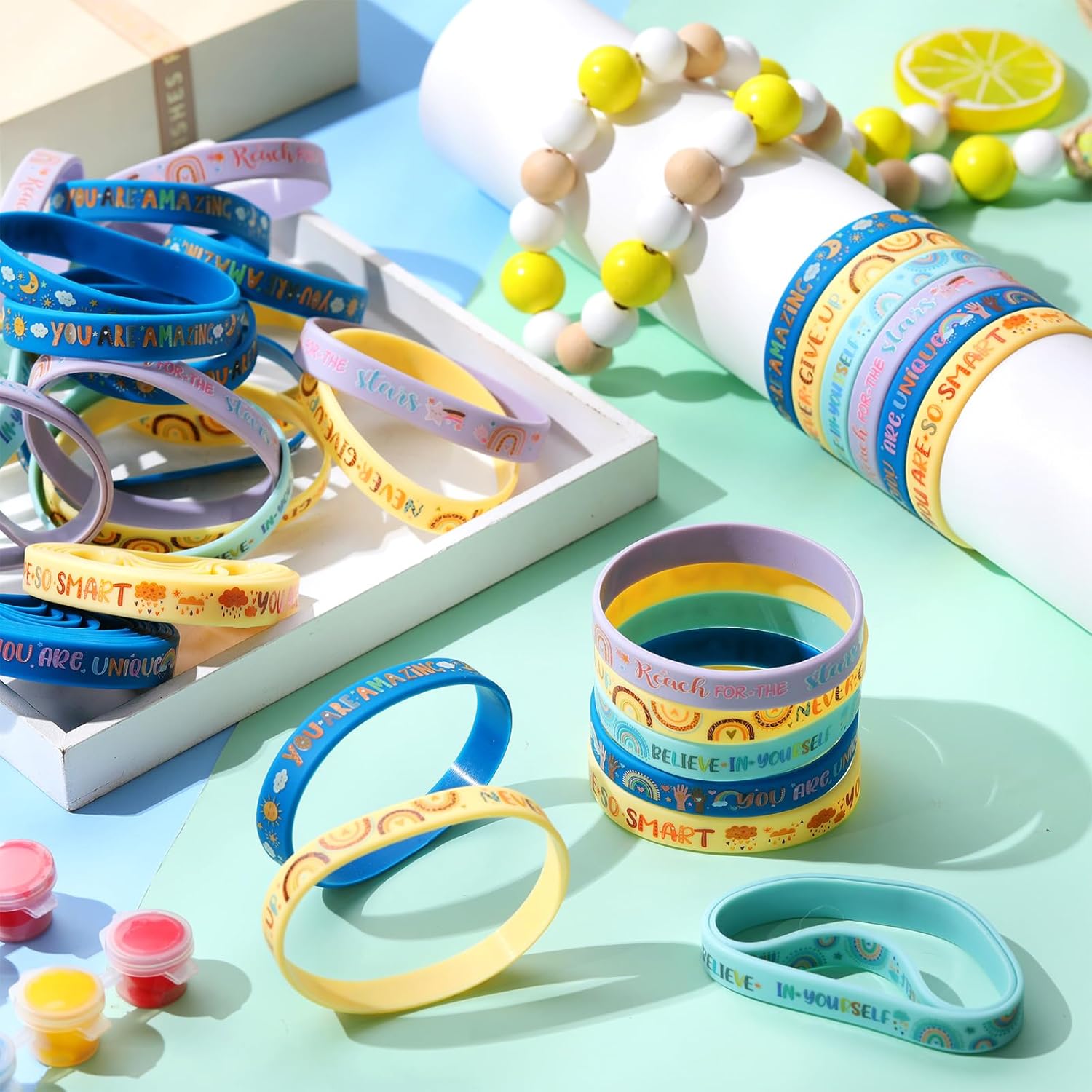 Poen 48 Pcs Motivational Silicone Bracelets Rainbow Inspirational Silicone Boho Wristbands Back to School Gifts for Kids Students Teachers School Classroom Prizes - Image 4