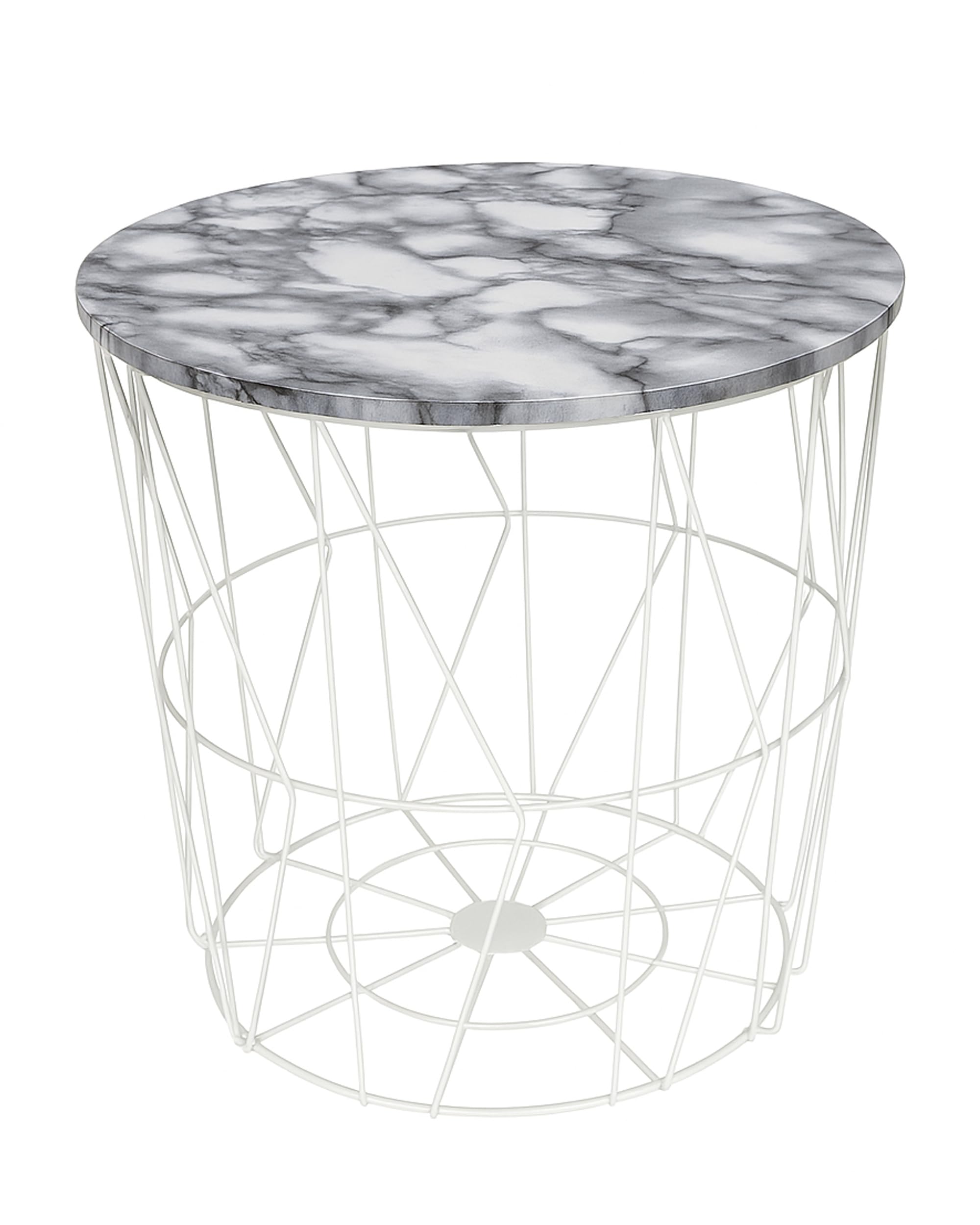 Round Side Table Wire Metal Storage Basket Modern Tea Nest Table with Removable Wood Top for Hallway, Living Room, Bedroom, or Office Decor Sidetable (White Marble Pattern Lid, Small) — image 1