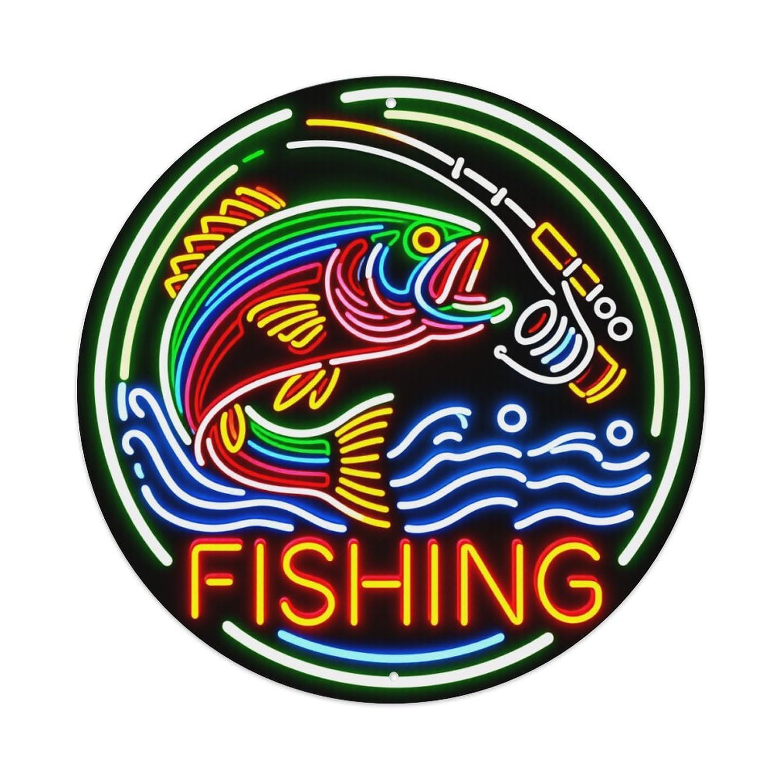 Wmlzdnwr Vintage Fishing Fish Water Rod Neon Light Sign Pattern Round Tin Sign,Retro Wall Art,Metal Poster For Home, Bar, Garage, Cafe, Rustic Indoor & Outdoor Decor, 8X8 Inches