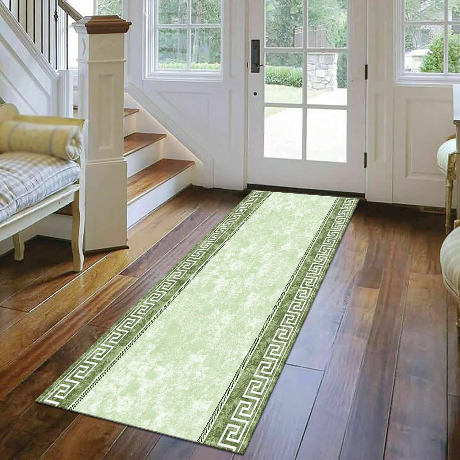 Tappeto Cucina Antiscivolo Tappeto Passatoia Verde Bianco 3D Tappeti Runner Antimacchia Corridoio Soggiorno 60X150CM Poliestere Passatoia cucina Legno Moderno Durevole Tappetino zerbino Lavabile