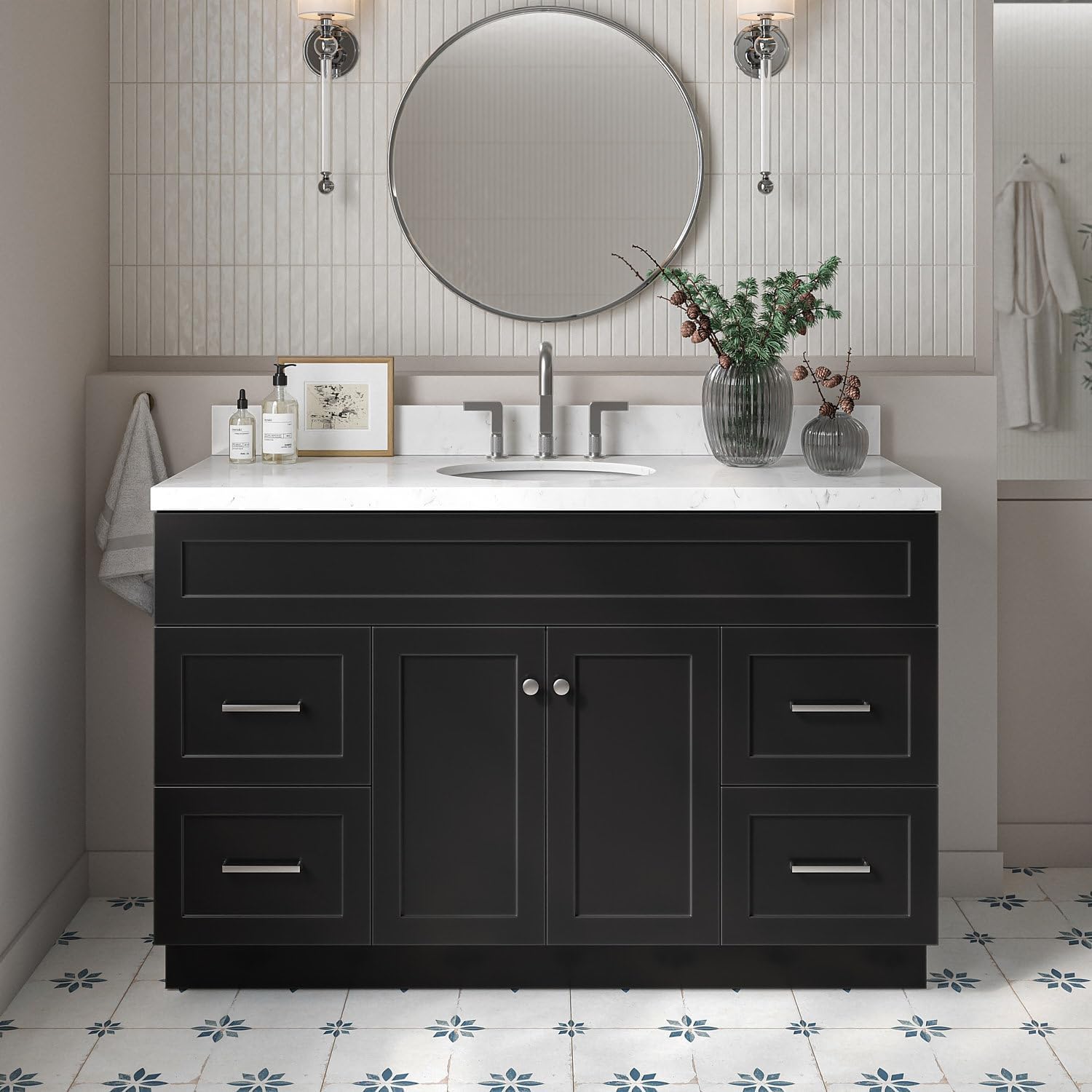 ARIEL Hamlet 54-inch Bathroom Vanity with Sink,Solid Wood, 1.5-inch Carrara White Quartz Countertop & Backsplash, Single Oval Porcelain Sink, 2 Soft Closing Doors, 4 Dovetail Drawers, Black