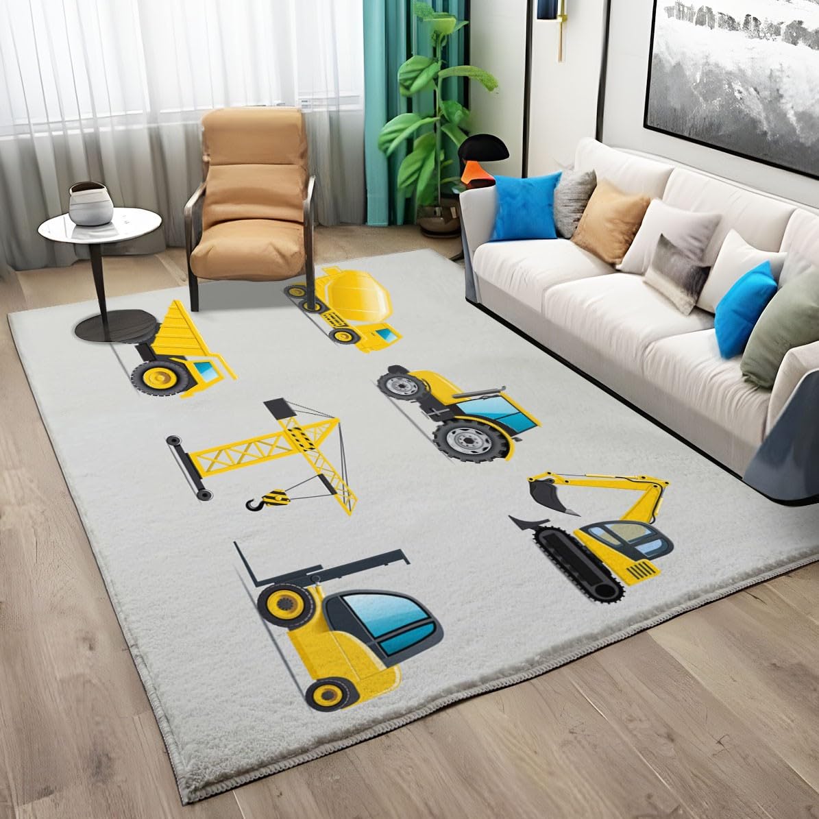 Tappeto Salotto 80 x 150cm Veicolo da costruzione dei cartoni animati Tappeti Camera da Letto, Rug Cucina Antiscivolo Lavabile per Tavolino da Salotto, Bagno, Tappeto Bambini Cameretta