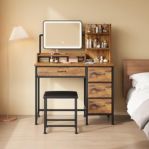 Miniatura 11 de Escritorio de maquillaje con espejo y luces, tocador pequeño con cajón de almacenamiento de tela, silla y estantes, juego de tocador de maquillaje