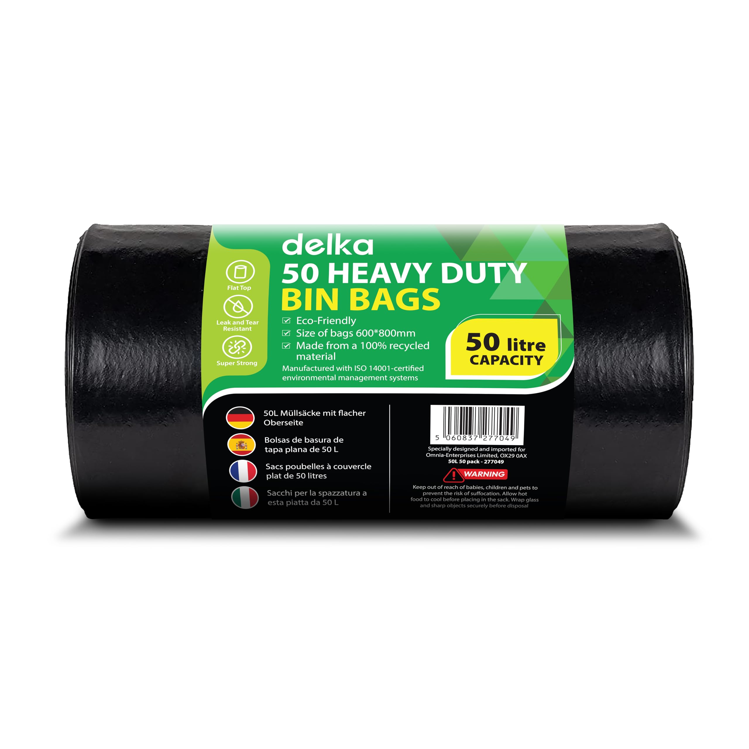 Delka Heavy Duty Black Bin Bags – Extra Strong, Leak-Proof Plastic Liners – Ideal for Kitchen, Home, DIY & Garden, Household, Office & Catering – Made from 100% Recycled Material (50L, 50 Pack)