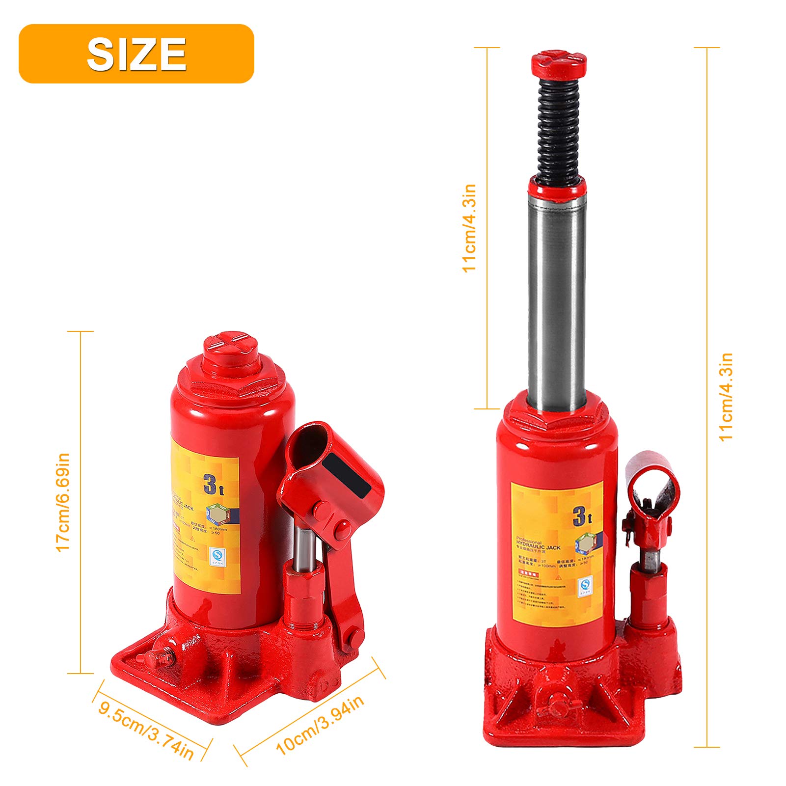 Cric Hydraulique Bouteille 3T, Vérin Hydraulique Cric Hydraulique Professionnel pour Voiture fourgonnette Bateau Camion Caravane 17-33 cm