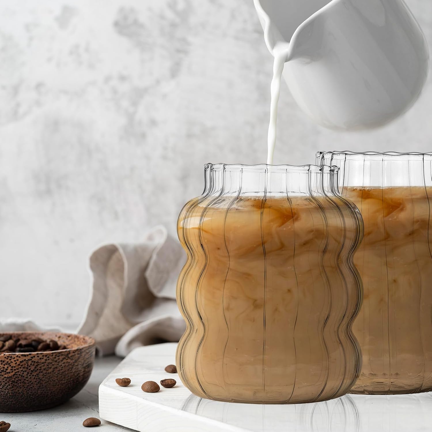 MAQUITA 4 Pcs Ribbed Glass Cups with Glass Straw, Vintage Drinking Glassware with Wave Shape Design, Bubble Cups for Iced Coffee, Juice, Beverage, Milk, Cocktails, Bubble Tea, and More - Image 5