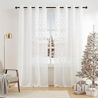 Lace Sheer Curtains White for Bedroom Classic Geometric Grommet Top Curt...