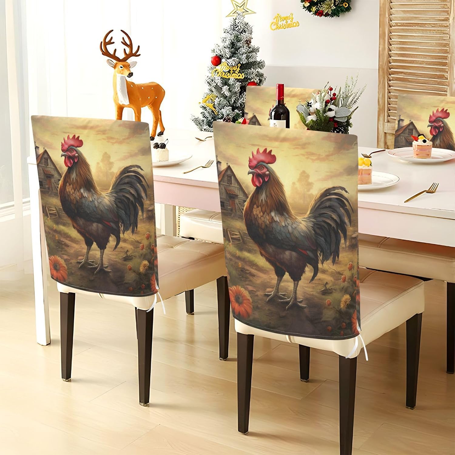 ALAZA Vintage Rooster Floral Chair Back Cover Set of 6, Washable Reusable Removable Chair Slipcovers Decorative Chair Cover for Home Kitchen Wedding Party