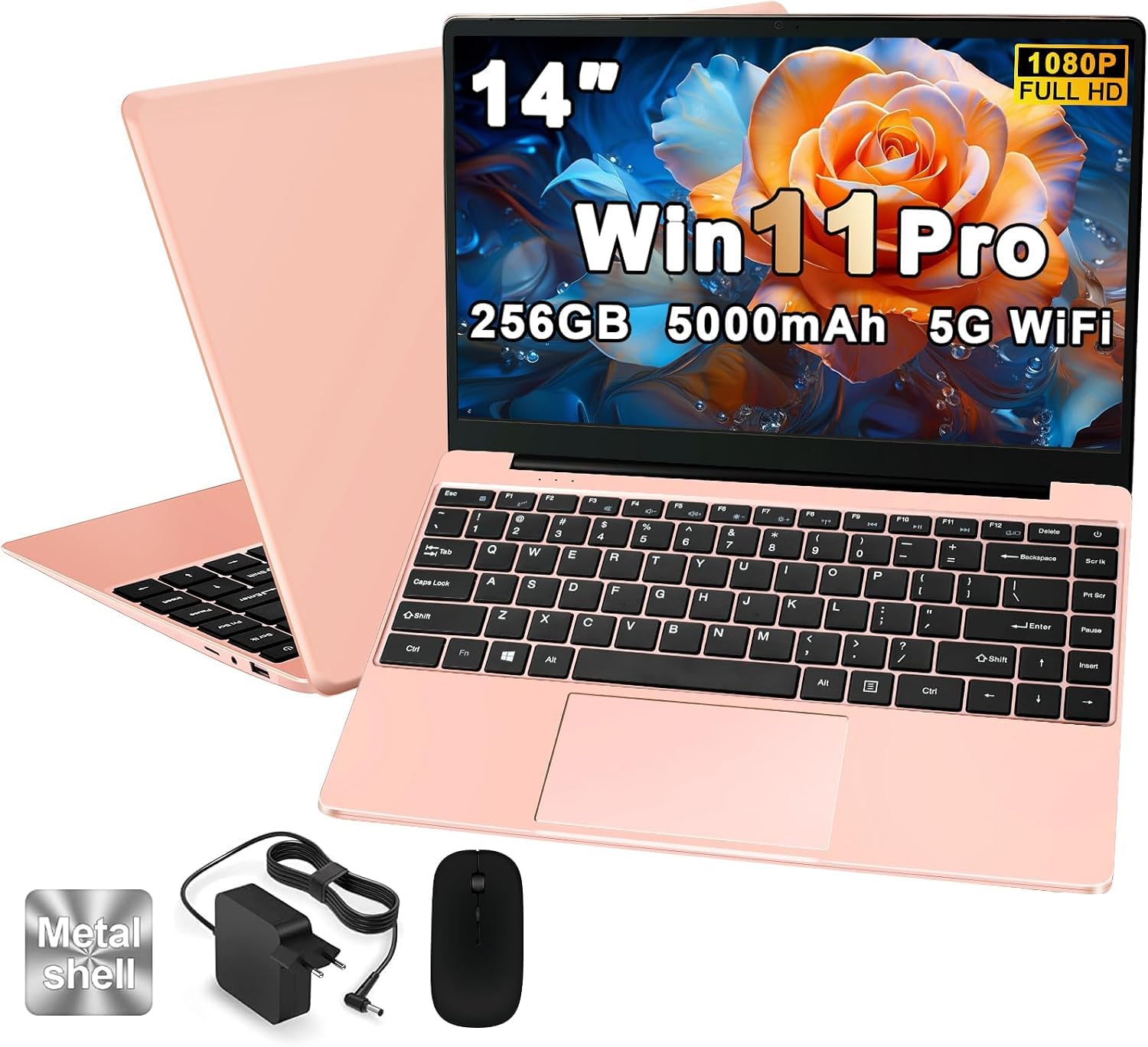 NOTODD 2026 PC Portatile 14 Pollici 256GB 1080P 2.4G+5G Win 11 - Oro rosa | Notebook Computer Supporta La Scheda SSD La Scheda TF Estesa, Wireless Bluetooth Mouse Wifi, Italiana Tastiera