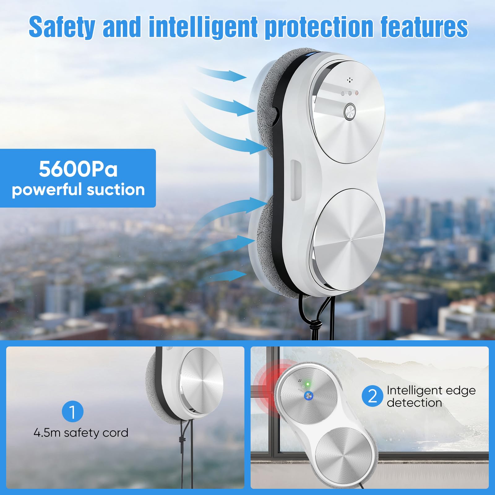 Robot Laveur de Vitre Automatique 5600Pa, Lave Vitre Électrique avec Télécommande Infrarouge & Corde de Sécurité, 80ml Réservoir d’Eau Double Pulvérisation, 3 Modes de Nettoyage Intérieur/Extérieur